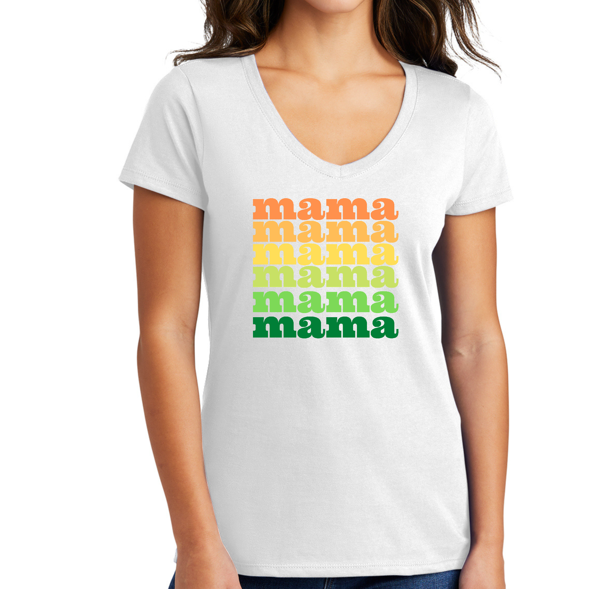 Women's V-neck Graphic T-shirt featuring 'Mama' design, made from soft preshrunk cotton, perfect for casual wear.