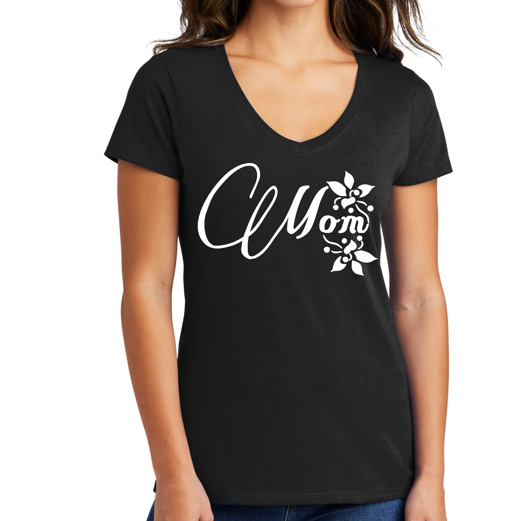 A stylish Women's V-neck Graphic T-shirt featuring a heartfelt mom appreciation design, made from soft preshrunk cotton.