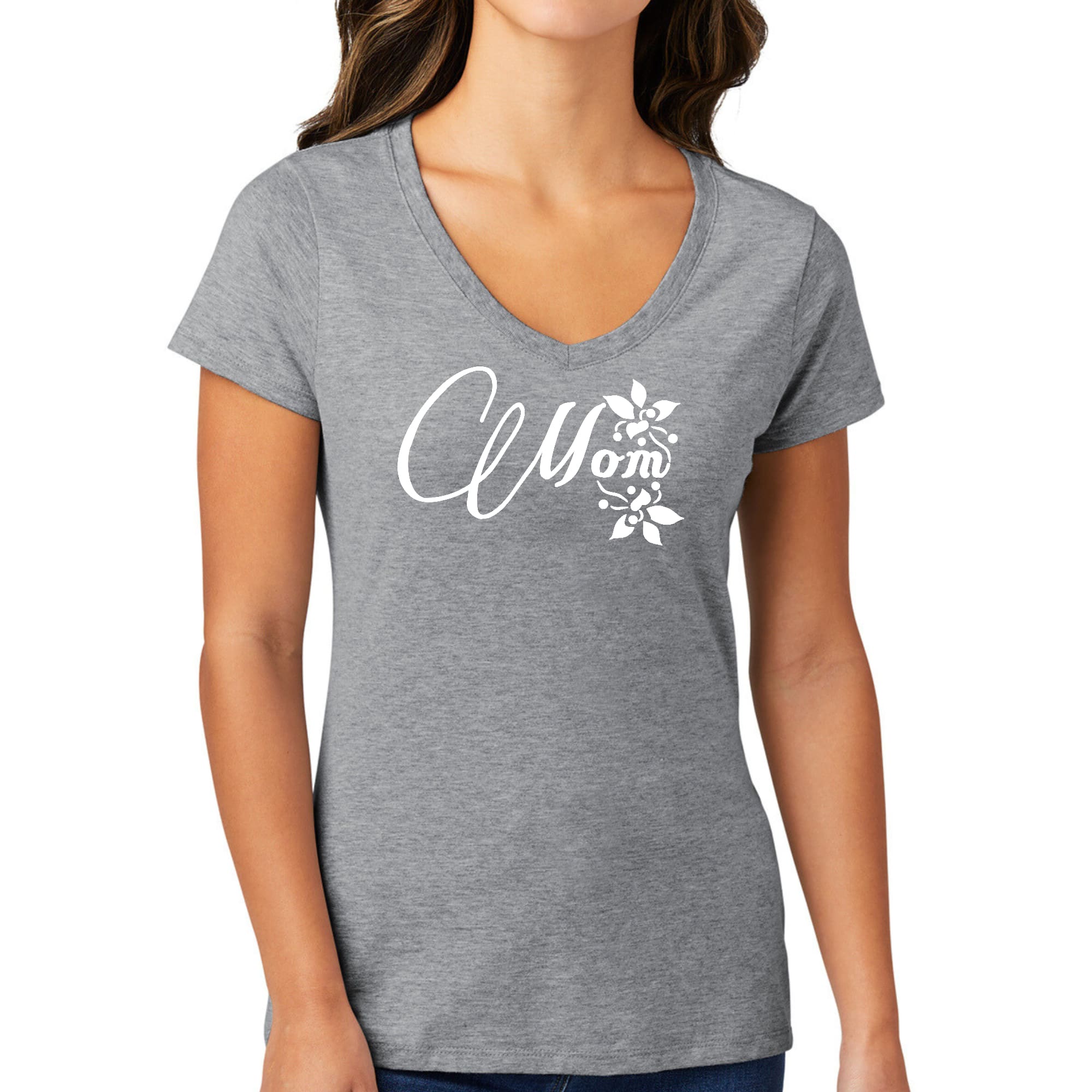 A stylish Women's V-neck Graphic T-shirt featuring a heartfelt mom appreciation design, made from soft preshrunk cotton.