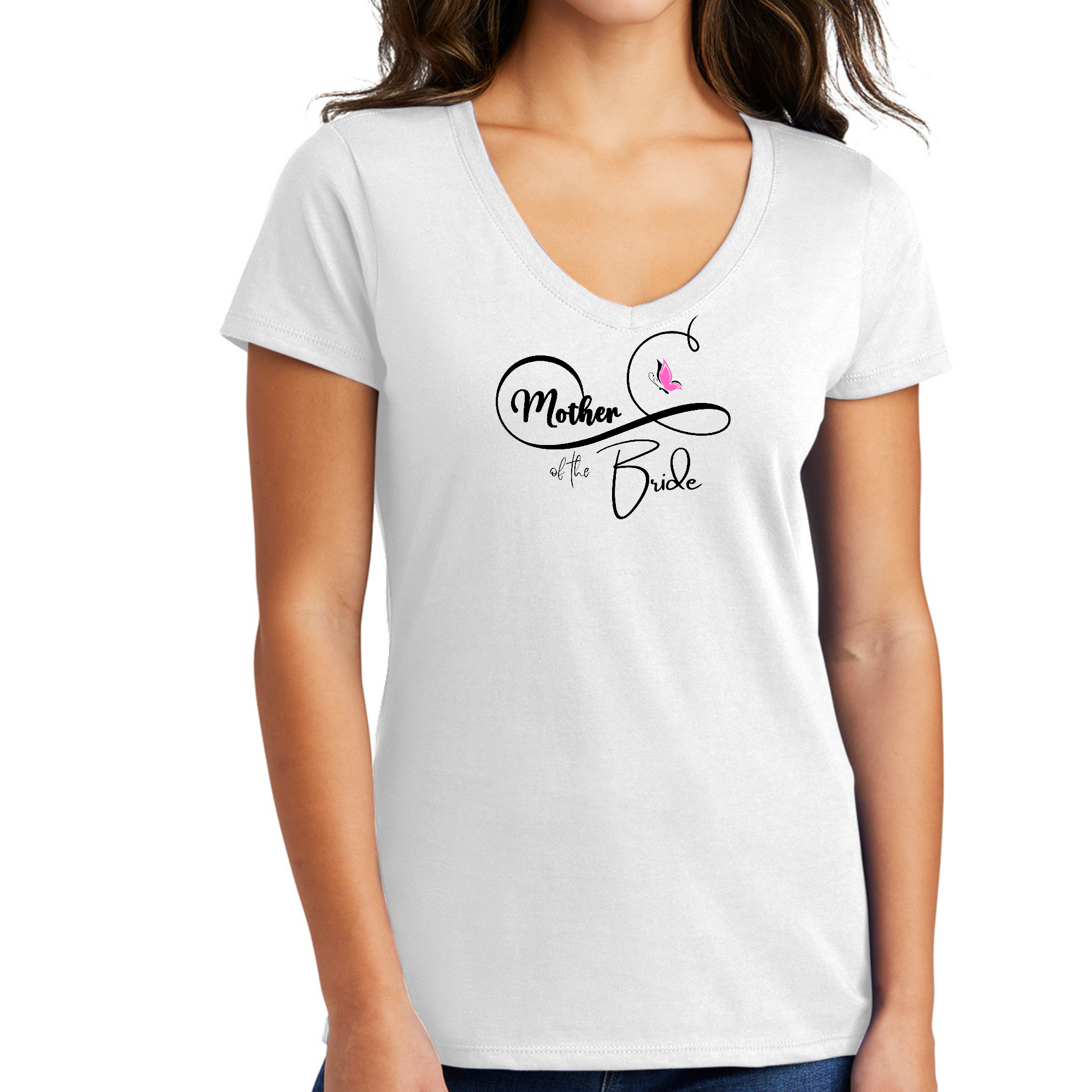 Womens V-neck Graphic T-shirt featuring a pink butterfly illustration, perfect for the Mother of the Bride.