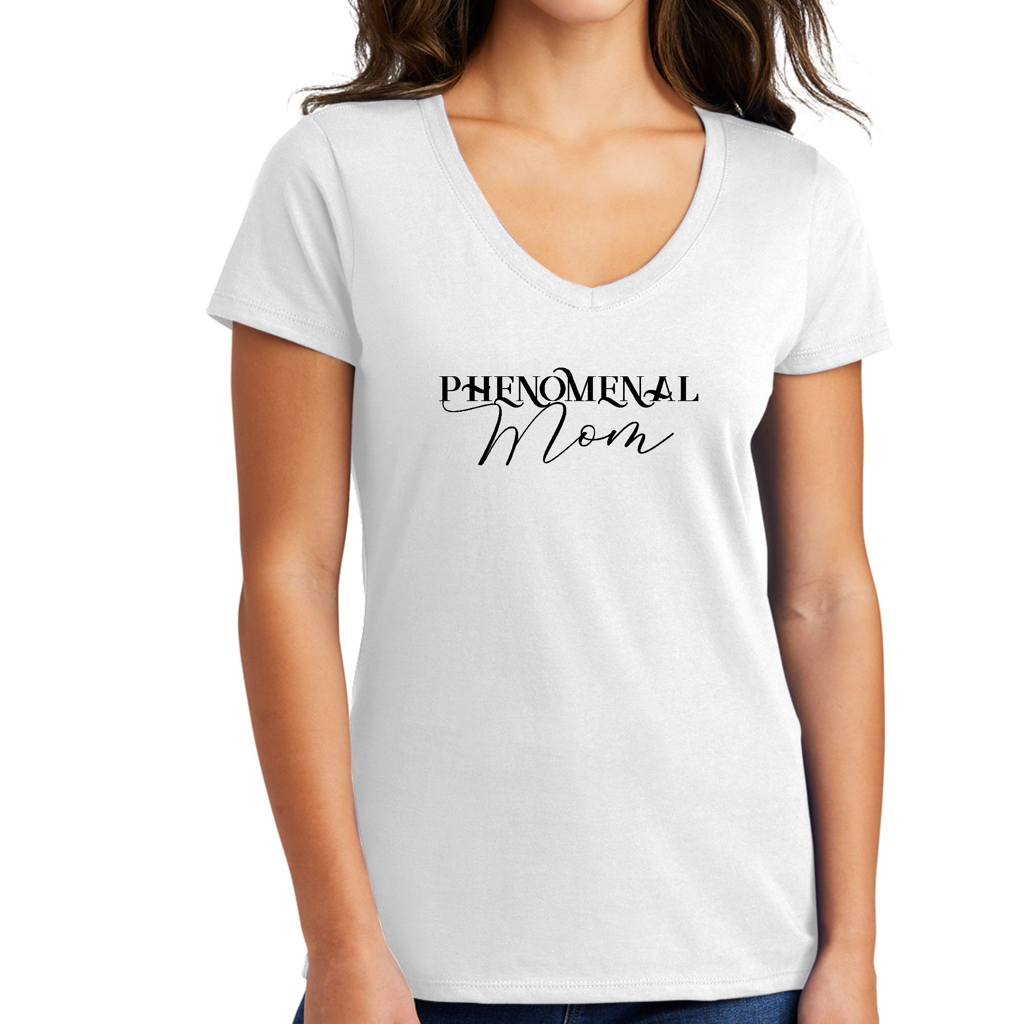 Womens V-neck Graphic T-shirt featuring a bold Phenomenal Mom black print, showcasing a stylish and creative design.