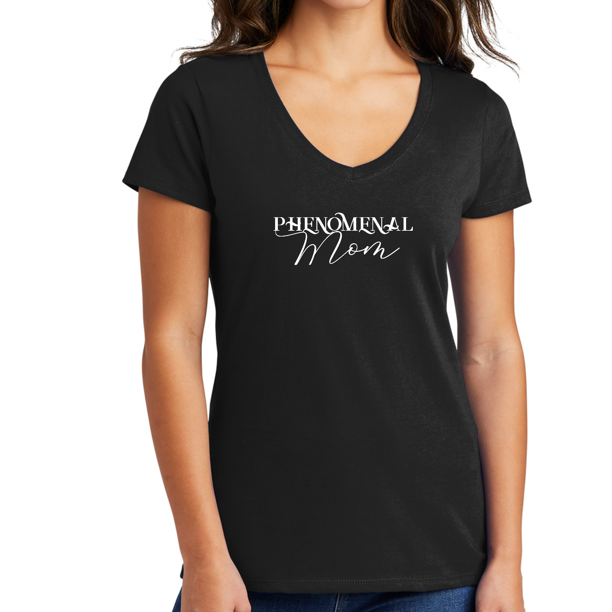 Womens V-neck Graphic T-shirt featuring a Phenomenal Mom White Print, showcasing a stylish and creative design.