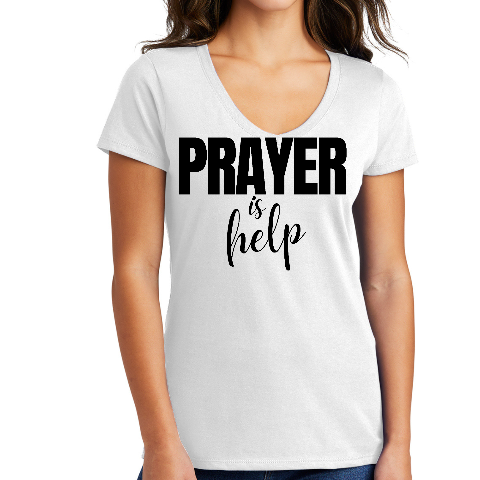 Women's V-neck Graphic T-shirt featuring the quote 'Prayer is Help' in a stylish design, made from soft preshrunk cotton.