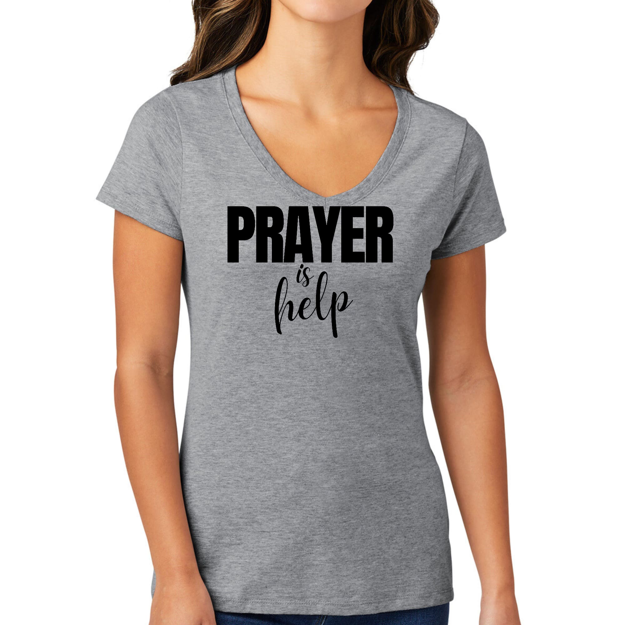 Women's V-neck Graphic T-shirt featuring the quote 'Prayer is Help' in a stylish design, made from soft preshrunk cotton.