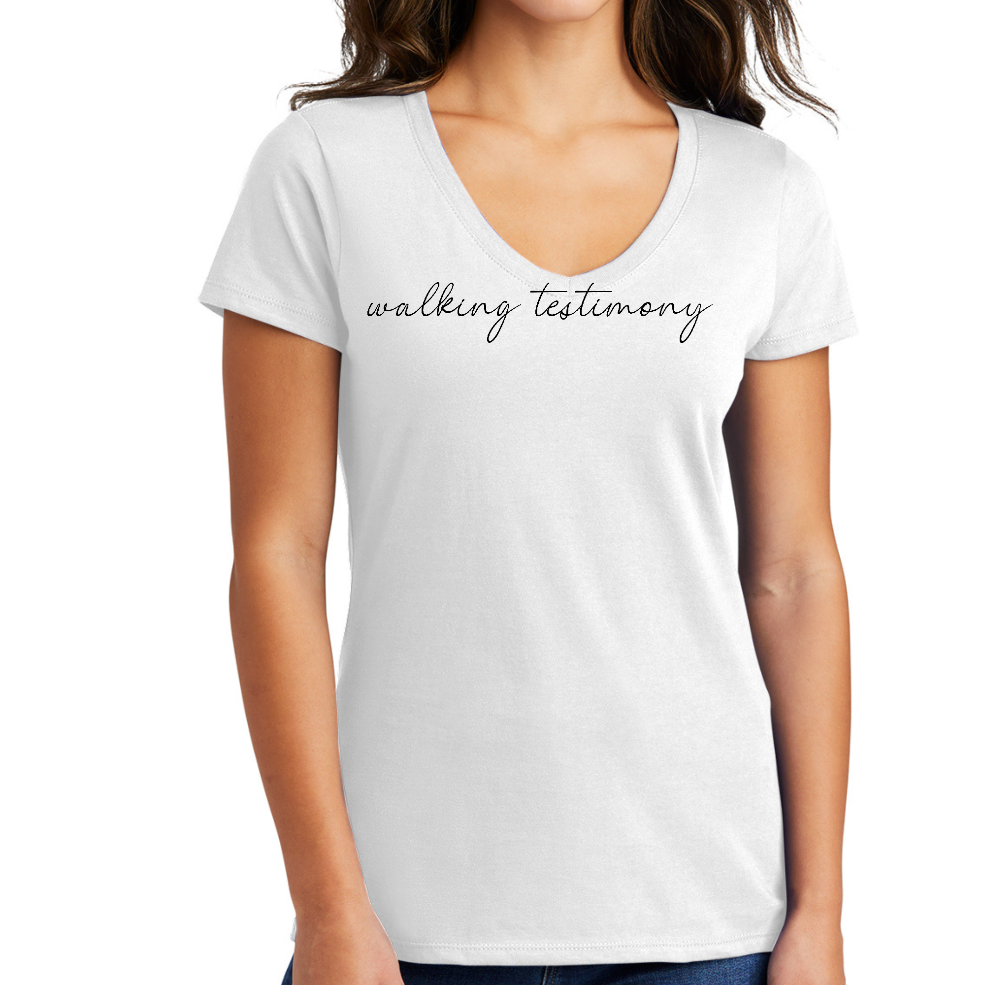 Women's V-neck Graphic T-shirt featuring 'Say it Soul, Walking Testimony' design, made from soft preshrunk cotton.