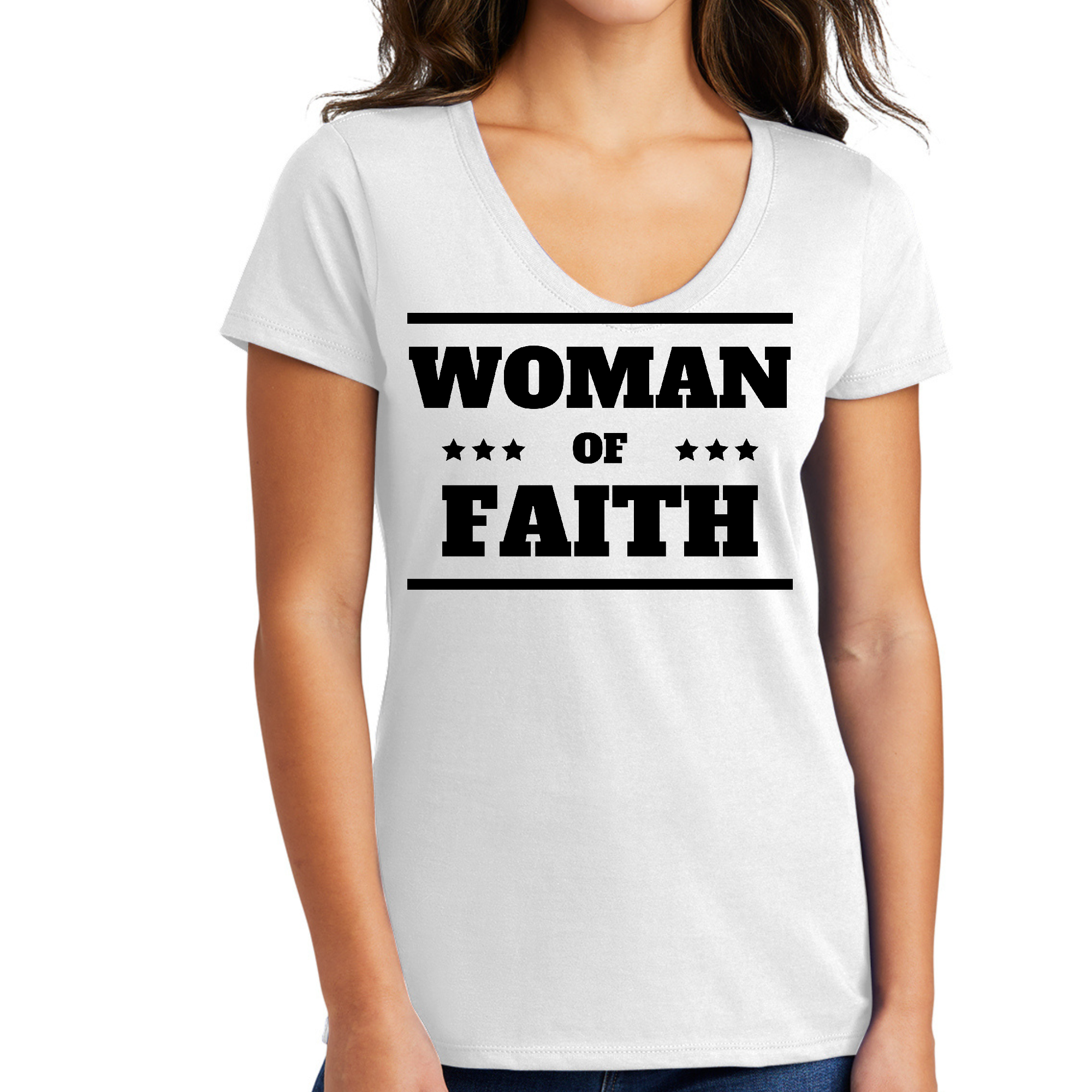 Women's V-neck Graphic T-shirt featuring a black illustration of a Woman of Faith, made from soft preshrunk cotton.