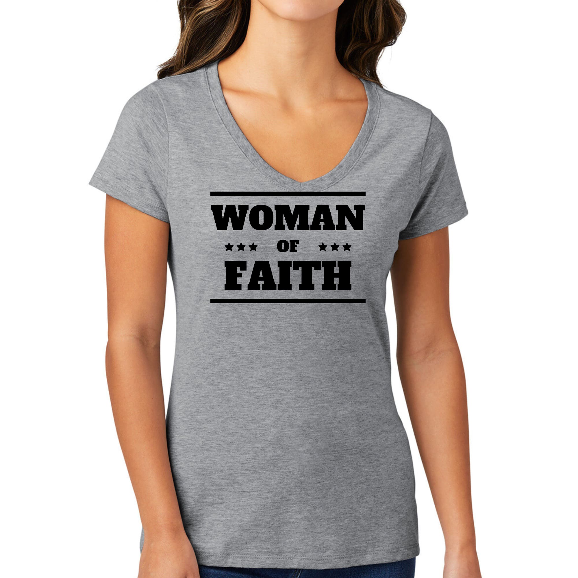 Women's V-neck Graphic T-shirt featuring a black illustration of a Woman of Faith, made from soft preshrunk cotton.