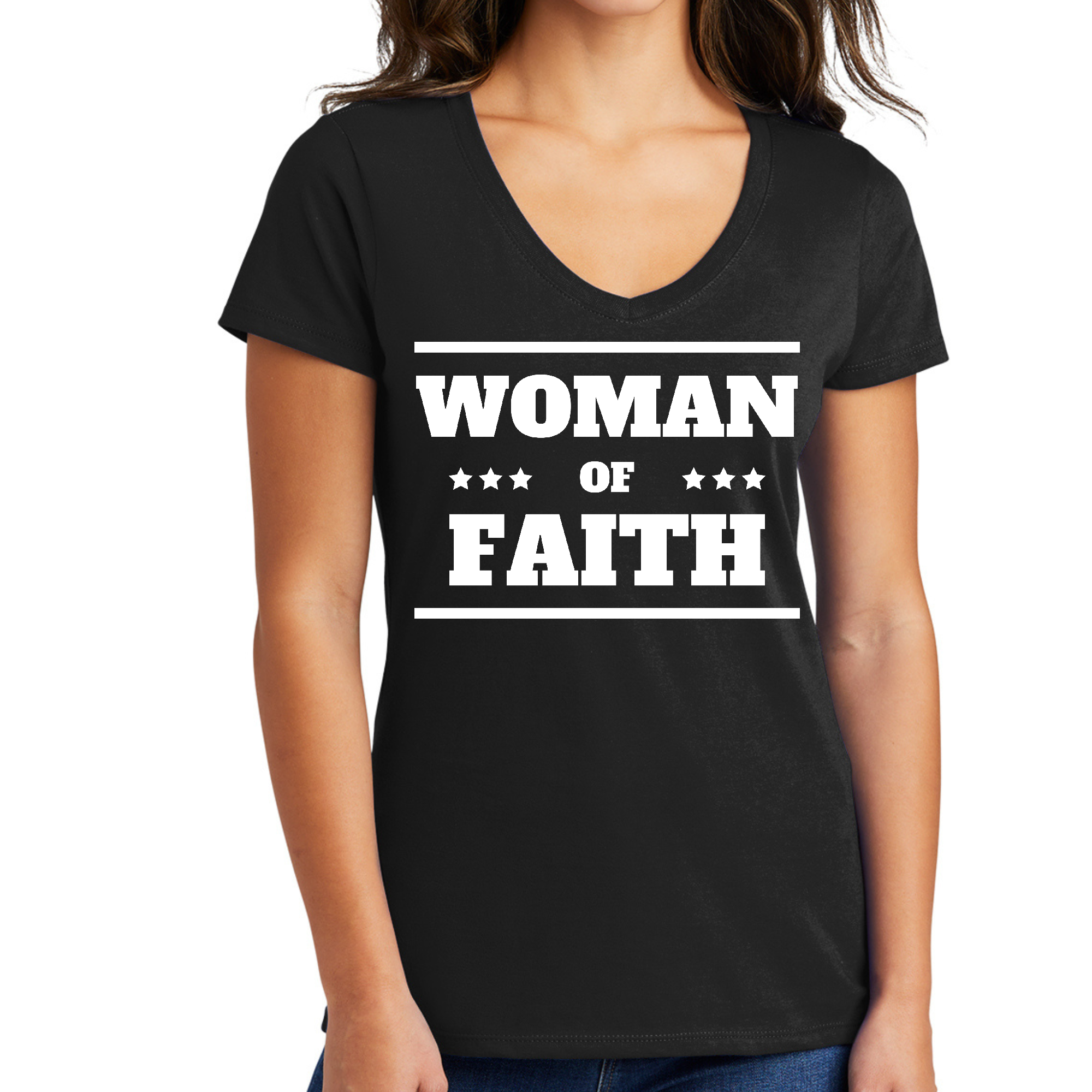 Women's V-neck Graphic T-shirt featuring a 'Woman of Faith' design, made from soft preshrunk cotton for comfort.