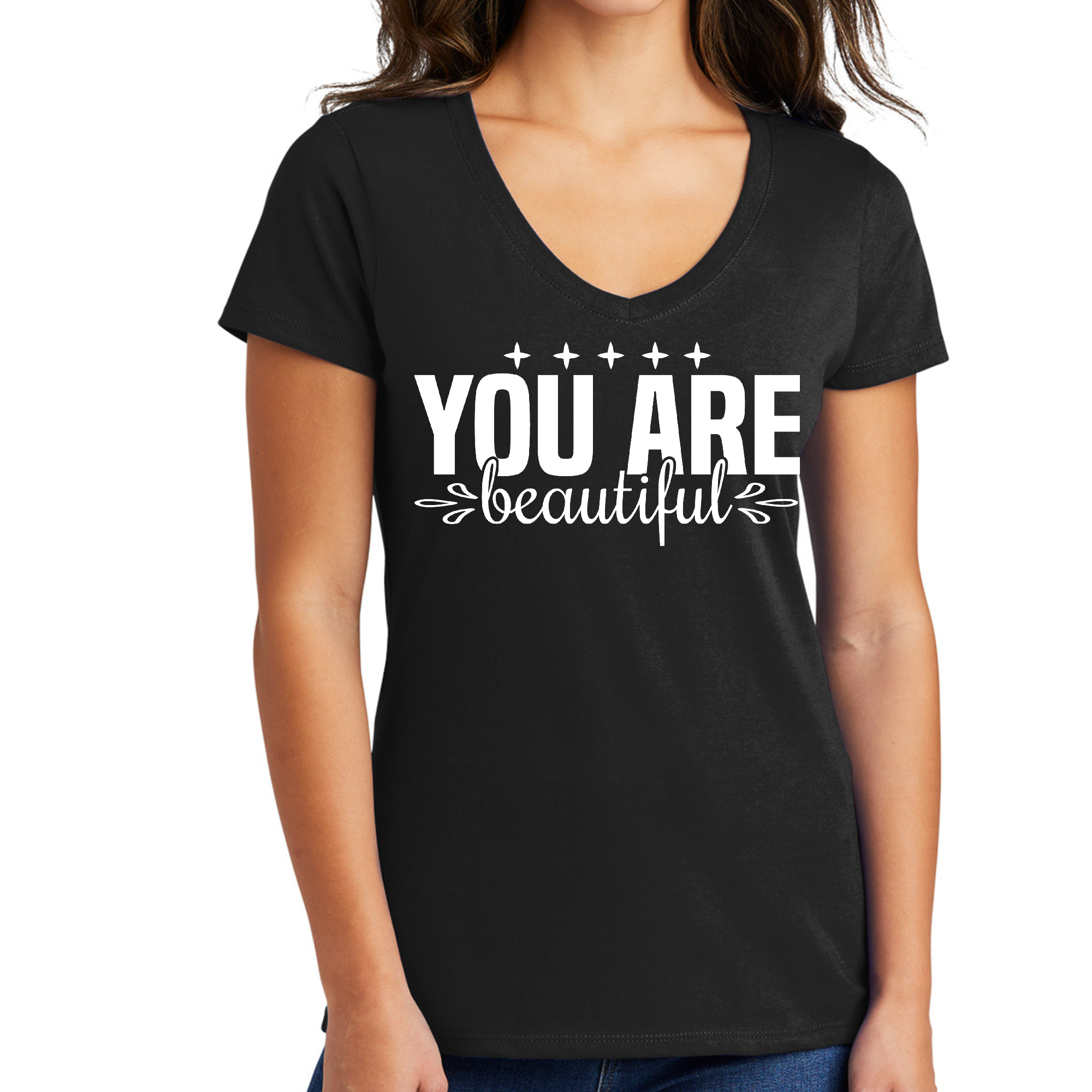 Women's V-neck Graphic T-shirt featuring 'You Are Beautiful' affirmation in a stylish design, made from soft preshrunk cotton.