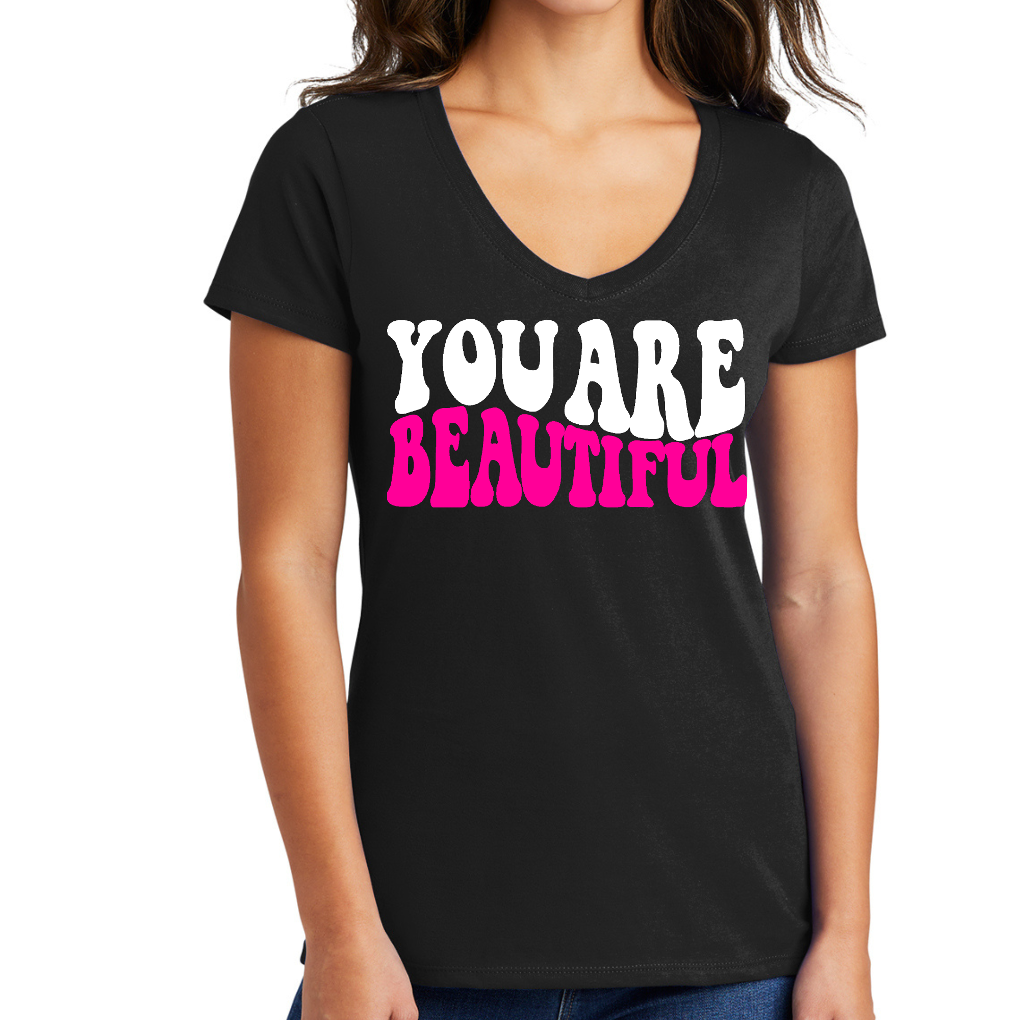 Women's V-neck Graphic T-shirt in pink and white with 'You Are Beautiful' inspirational design, made from soft preshrunk cotton.