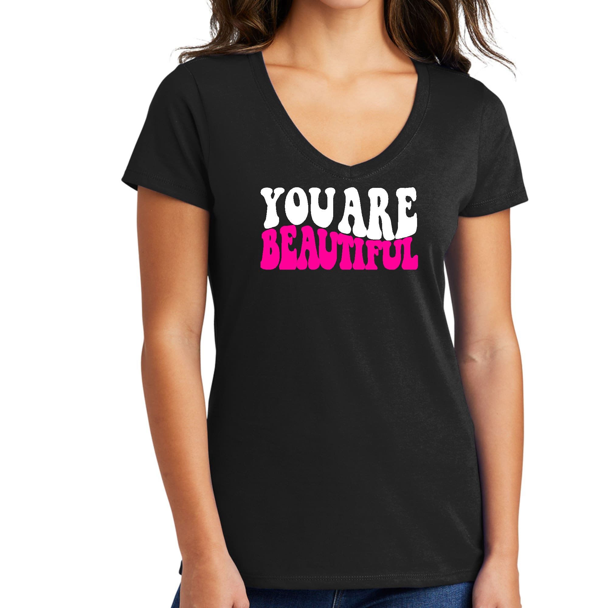 Women's V-neck Graphic T-shirt in pink and white with 'You Are Beautiful' inspirational design, made from soft preshrunk cotton.