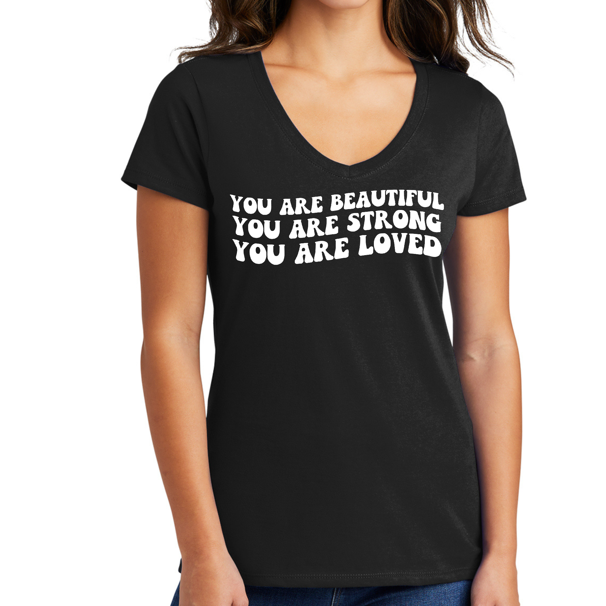 A stylish Women's V-neck Graphic T-shirt featuring the inspirational phrase 'You Are Beautiful Strong Loved' printed on soft cotton fabric.