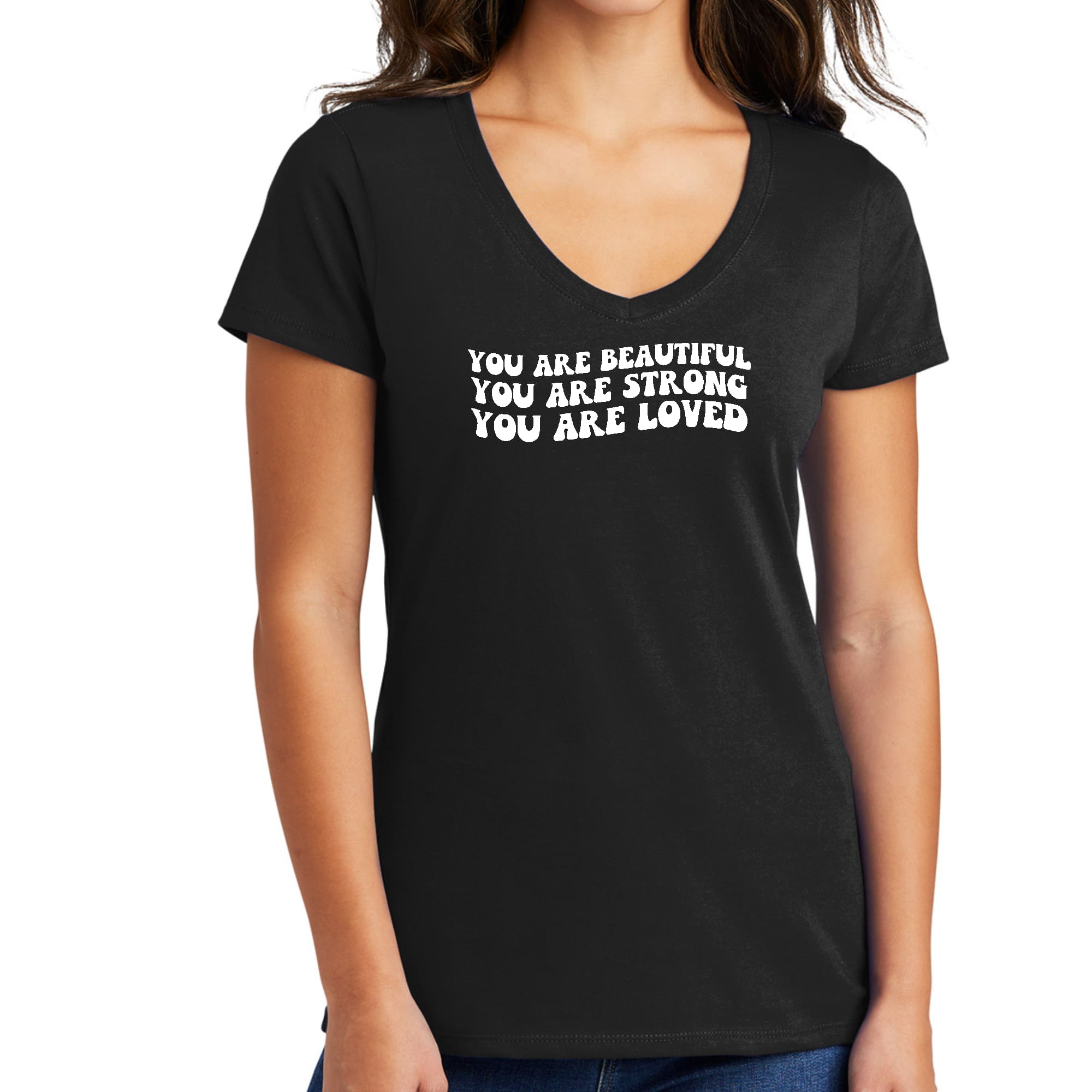 A stylish Women's V-neck Graphic T-shirt featuring the inspirational phrase 'You Are Beautiful Strong Loved' printed on soft cotton fabric.