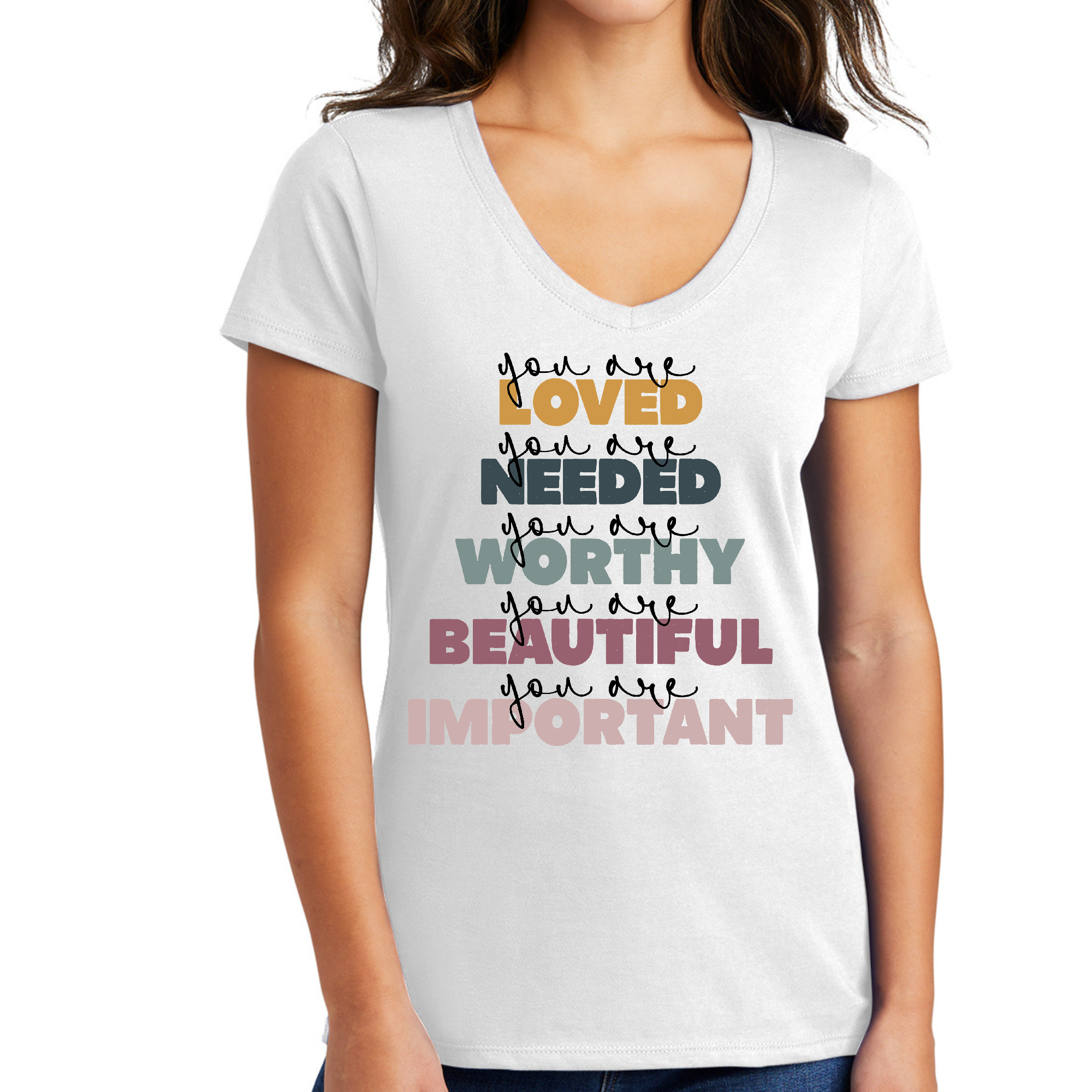 Women's V-neck Graphic T-shirt in soft cotton featuring 'You Are Loved' affirmation, perfect for casual wear.