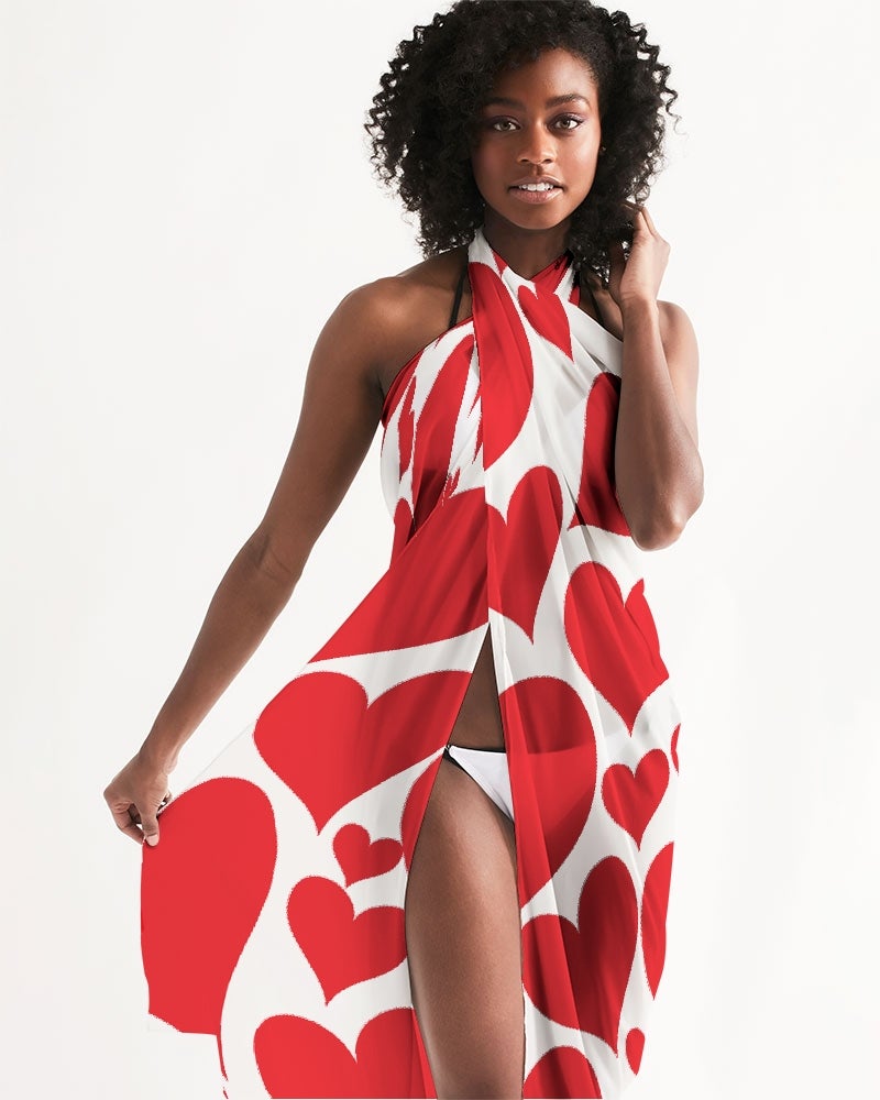 A vibrant Women's Wrap Sarong featuring a Love Red Hearts design, perfect for beach and poolside wear, showcasing its lightweight and flowy fabric.