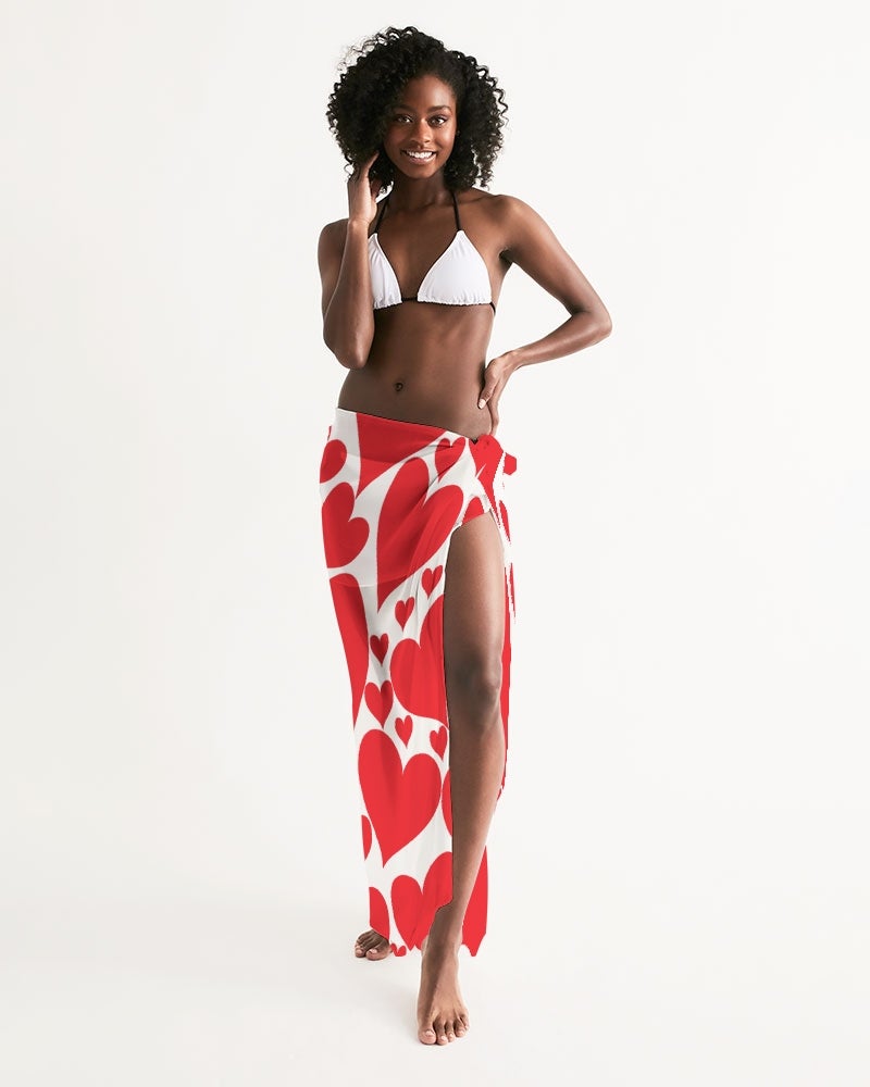 A vibrant Women's Wrap Sarong featuring a Love Red Hearts design, perfect for beach and poolside wear, showcasing its lightweight and flowy fabric.