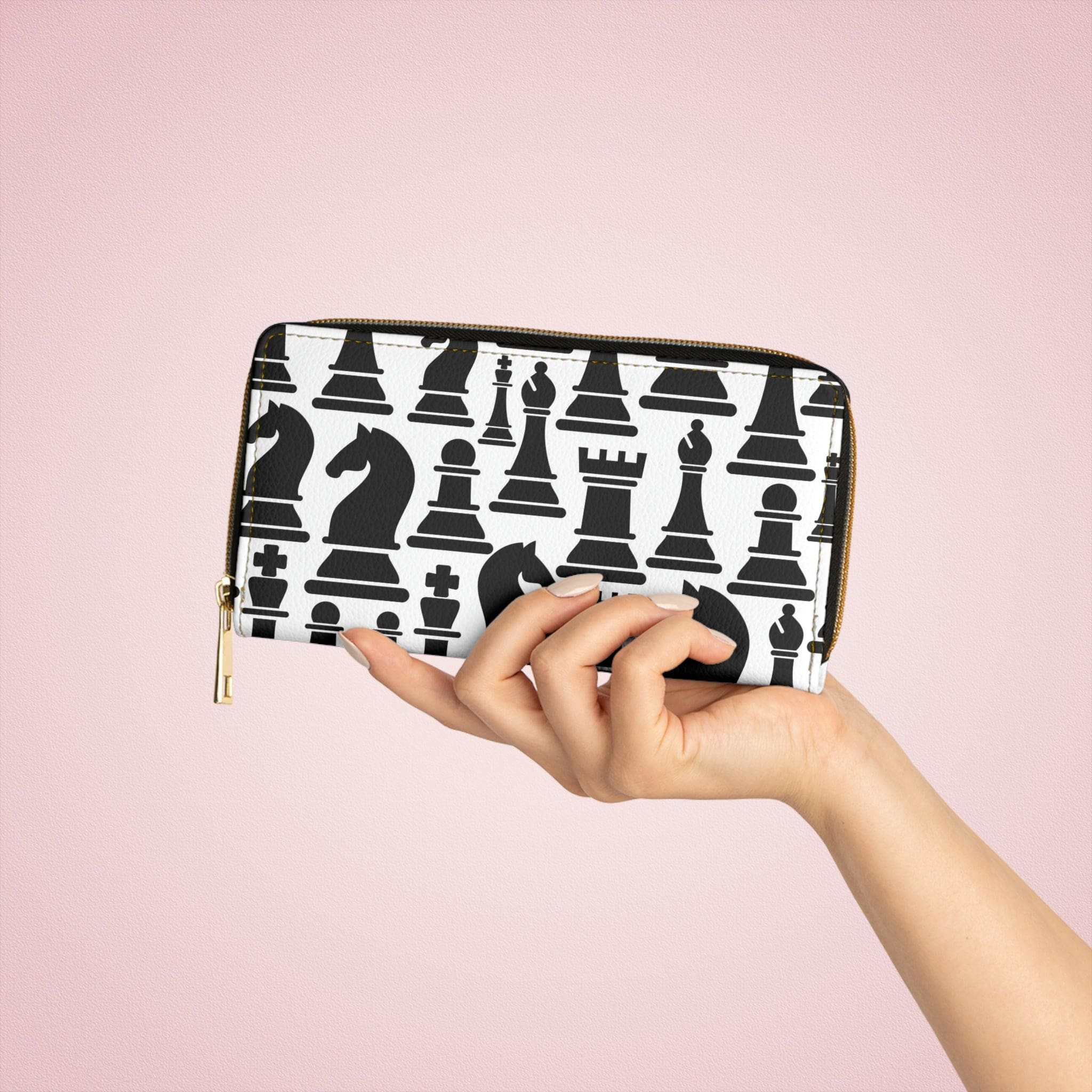 Womens Zipper Wallet featuring a stylish black and white chess print, made of faux leather with multiple pockets for organization.