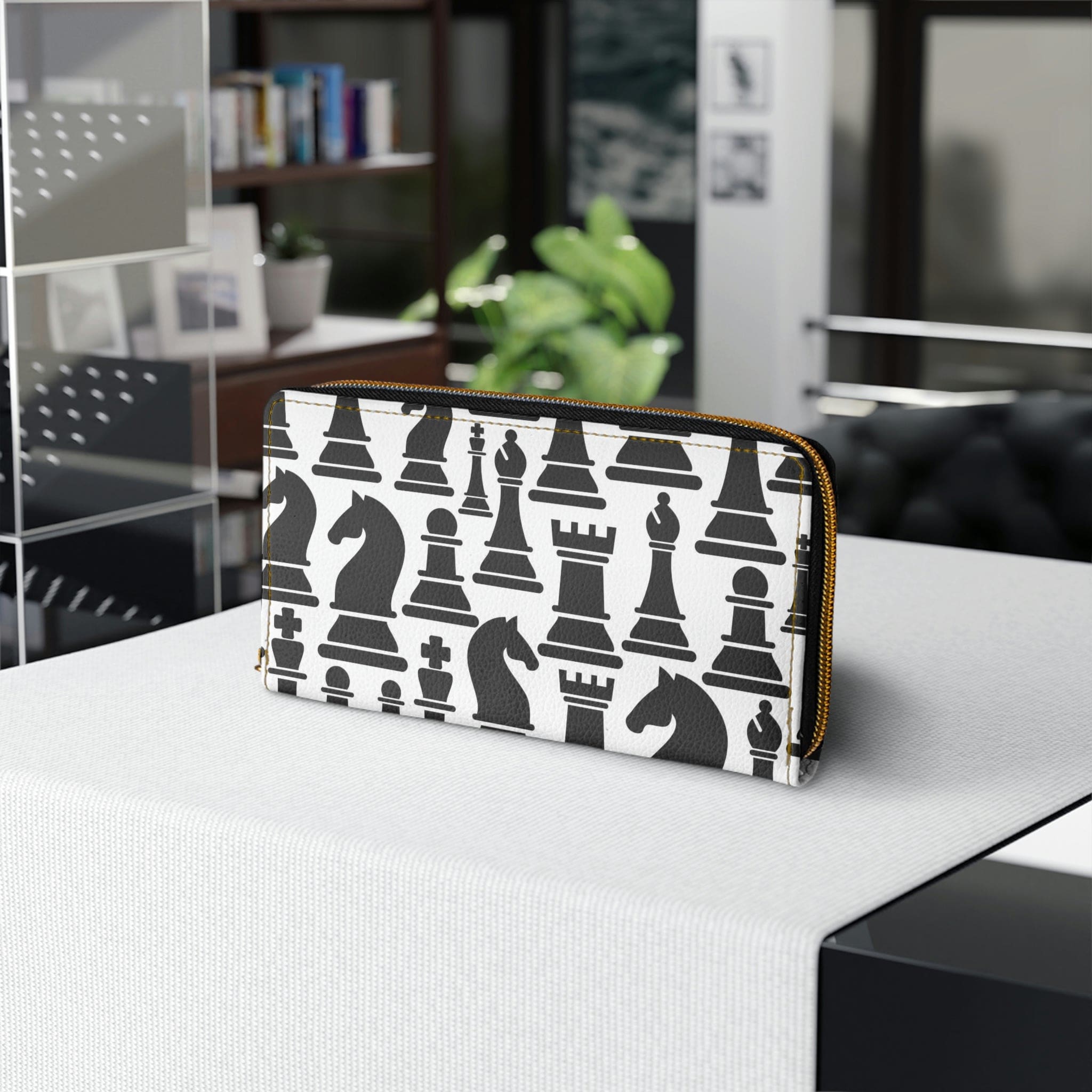 Womens Zipper Wallet featuring a stylish black and white chess print, made of faux leather with multiple pockets for organization.