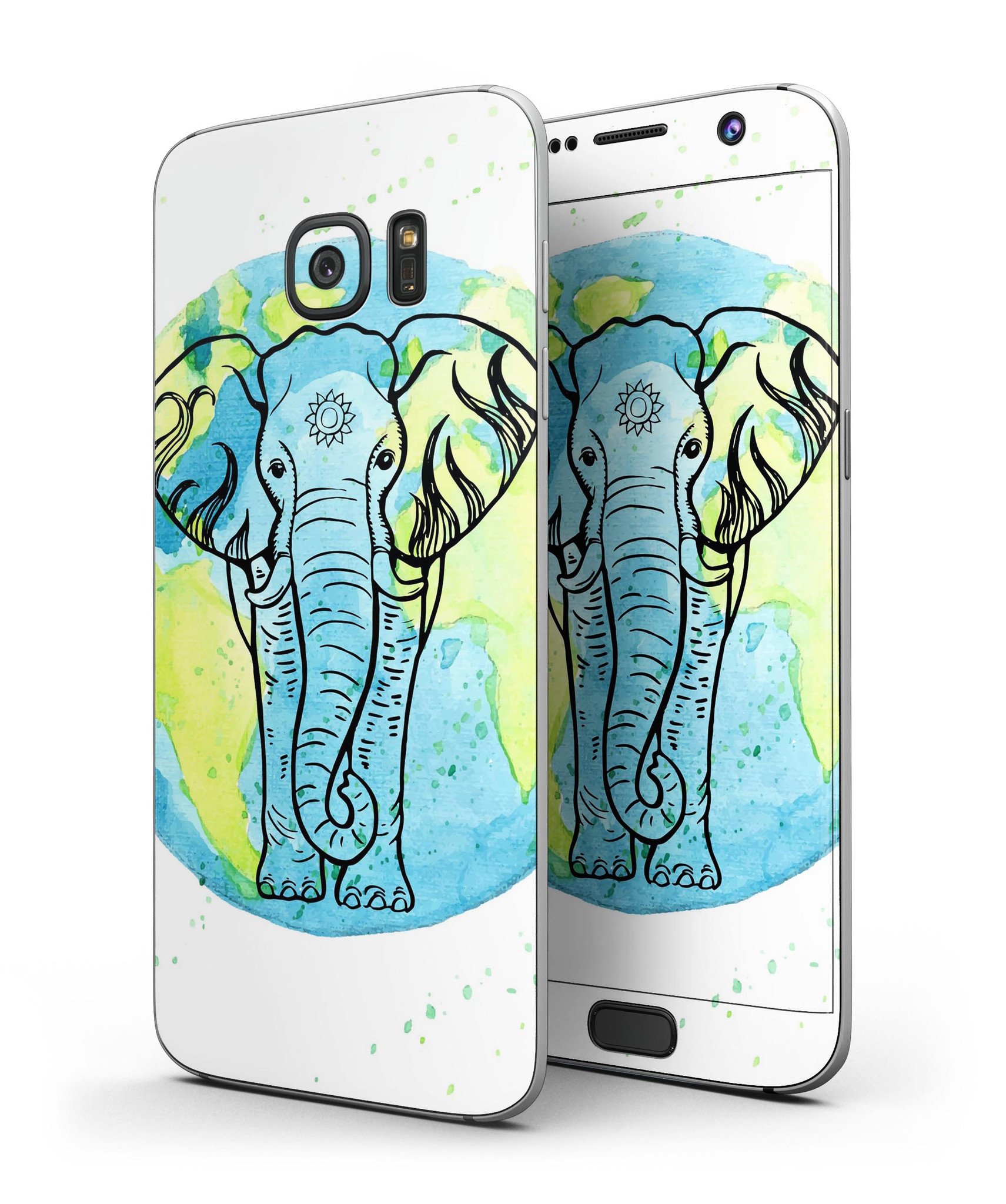 Worldwide Sacred Elephant skin kit for Samsung Galaxy S7 and S7 Edge, showcasing vibrant design and premium vinyl material.