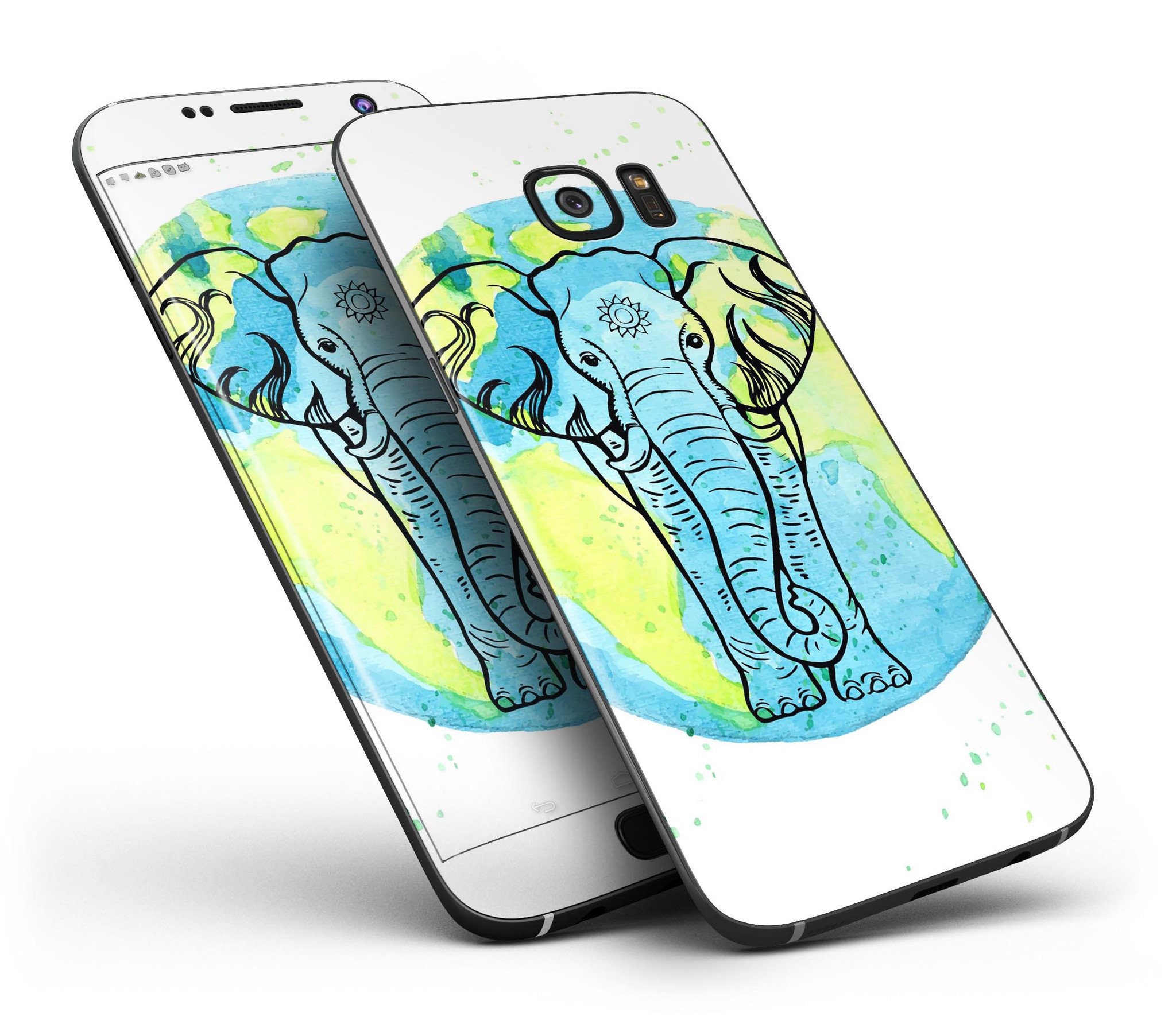 Worldwide Sacred Elephant skin kit for Samsung Galaxy S7 and S7 Edge, showcasing vibrant design and premium vinyl material.