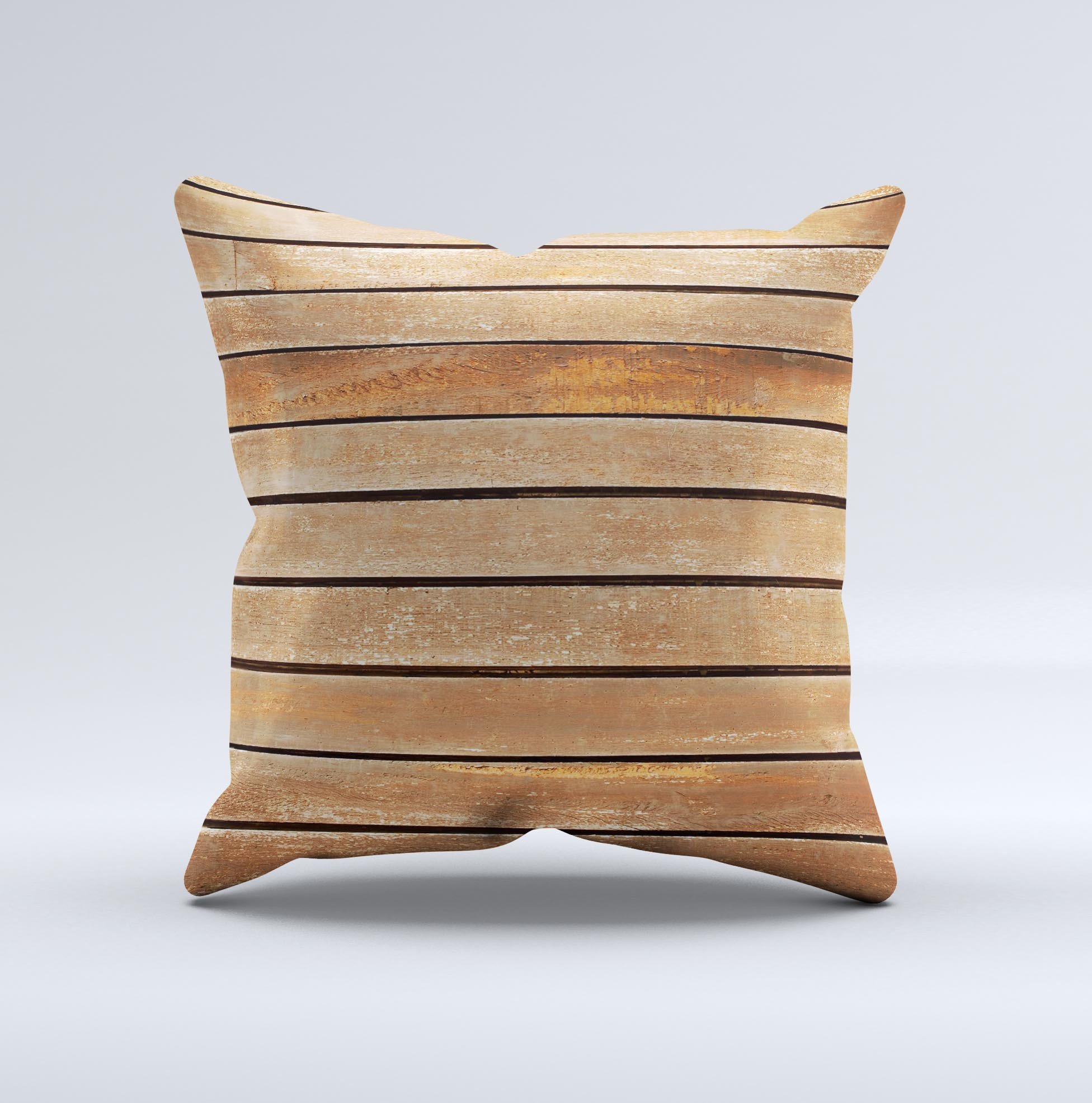 Worn Wooden Panks ink-Fuzed Decorative Throw Pillow showcasing unique handcrafted design and high-quality fabric.