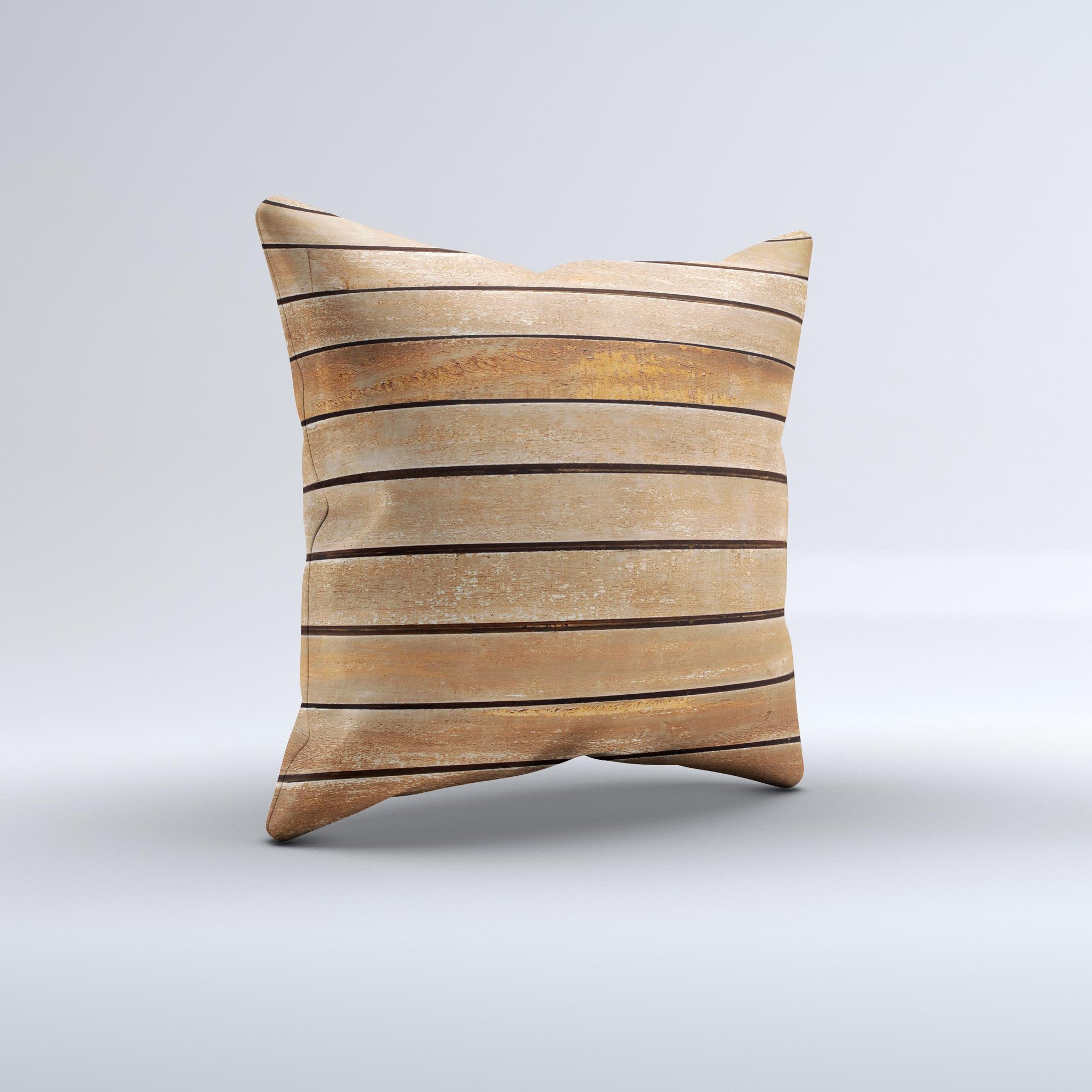 Worn Wooden Panks ink-Fuzed Decorative Throw Pillow showcasing unique handcrafted design and high-quality fabric.