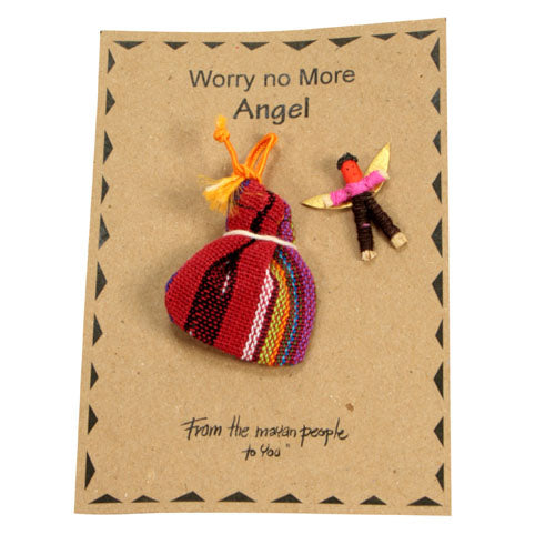 A handcrafted Worry Angel doll in a colorful woven bag, symbolizing comfort and stress relief.