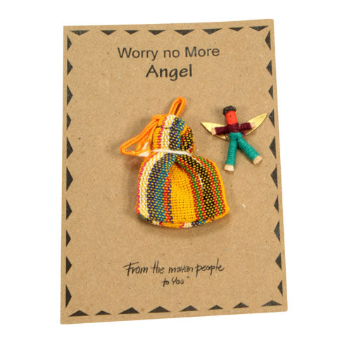 A handcrafted Worry Angel doll in a colorful woven bag, symbolizing comfort and stress relief.