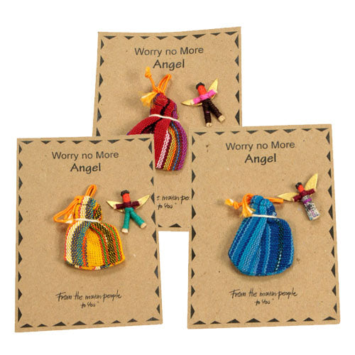 A handcrafted Worry Angel doll in a colorful woven bag, symbolizing comfort and stress relief.