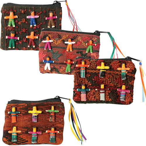 Colorful handmade Worry Doll Coin Purse made from recycled fabrics, featuring unique patterns and designs by Guatemalan artisans.