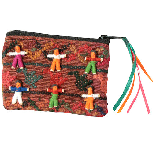 Colorful handmade Worry Doll Coin Purse made from recycled fabrics, featuring unique patterns and designs by Guatemalan artisans.