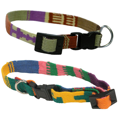 A colorful hand-woven cat collar made from cotton yarn, showcasing unique patterns and vibrant colors, designed for comfort and style.