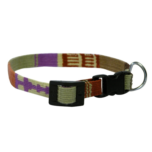 A colorful hand-woven cat collar made from cotton yarn, showcasing unique patterns and vibrant colors, designed for comfort and style.