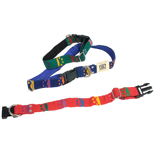 A colorful hand-woven dog collar featuring multicolored yarns and paw prints, showcasing artisan craftsmanship from Guatemala.