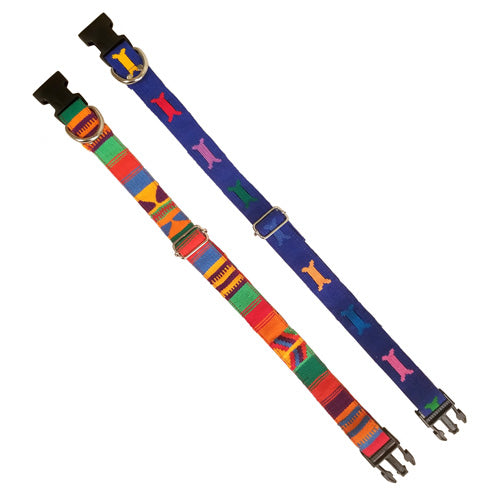 A colorful hand-woven dog collar featuring multicolored yarns and paw prints, showcasing artisan craftsmanship from Guatemala.