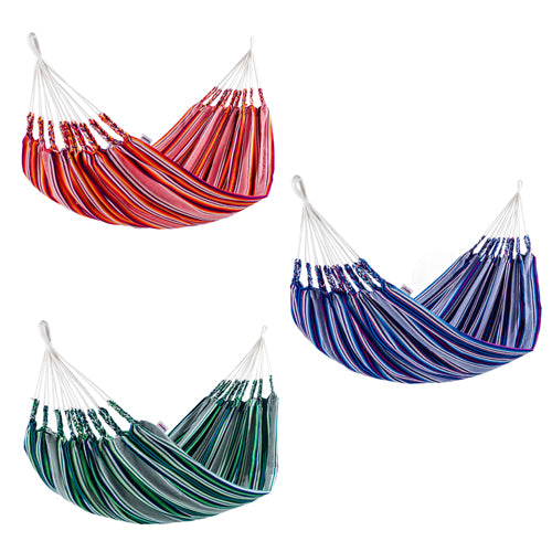 A vibrant Woven Double Hammock in green, blue, and pink tones, perfect for outdoor relaxation.