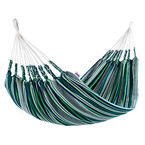 A vibrant Woven Double Hammock in green, blue, and pink tones, perfect for outdoor relaxation.