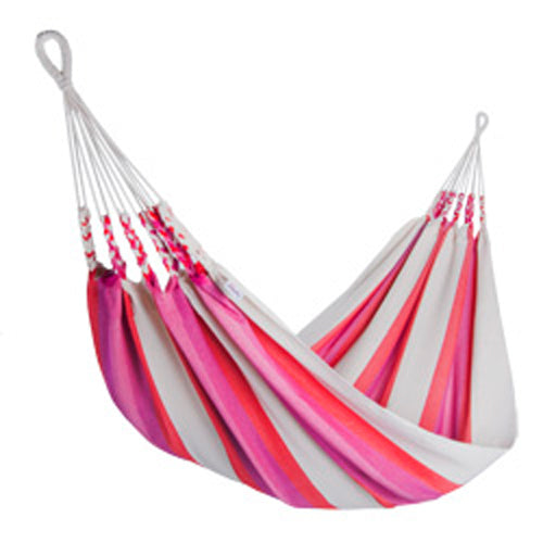 A vibrant Woven Single Hammock made from thick cotton, perfect for outdoor relaxation, showcasing its spacious design and colorful patterns.