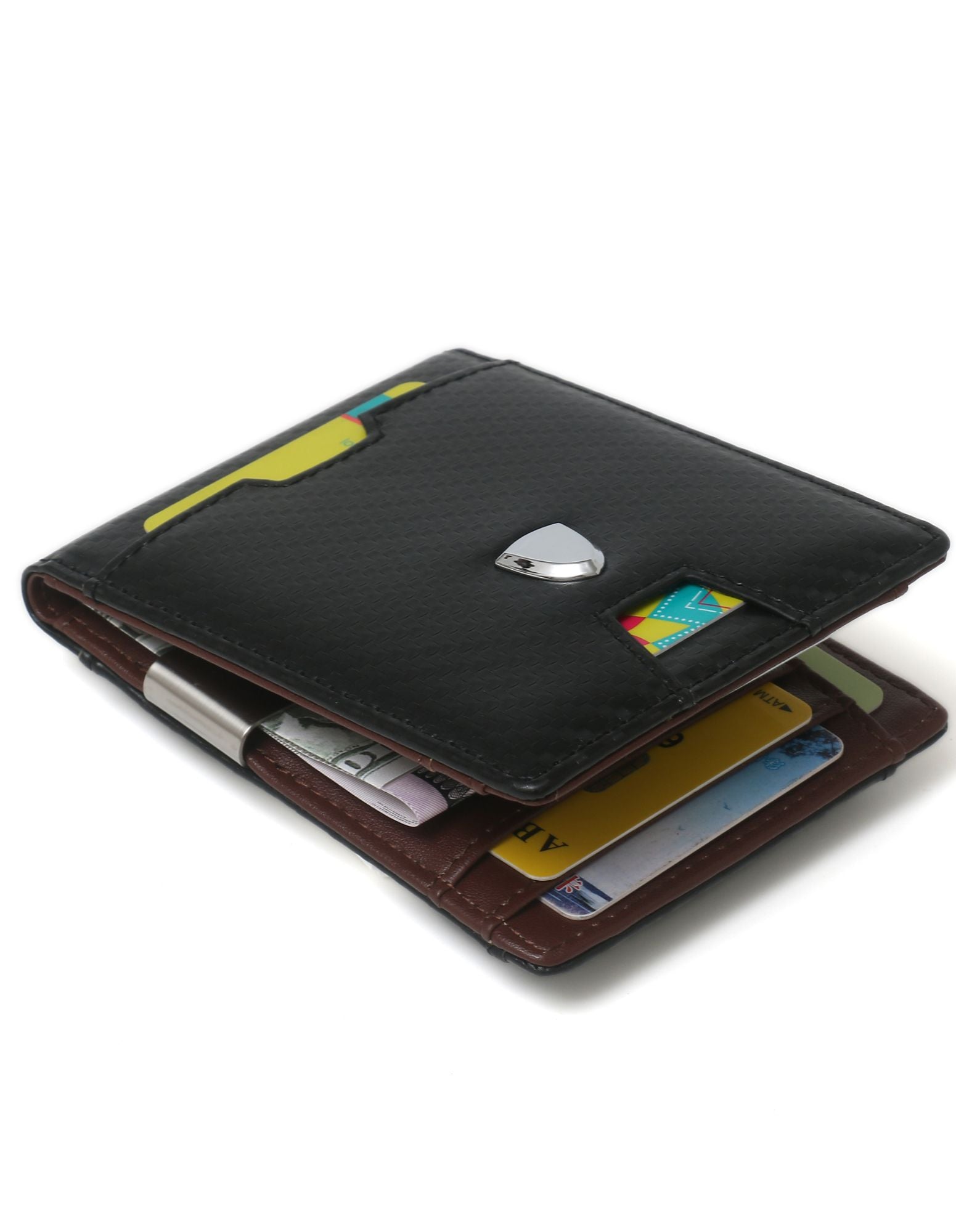 YAMBA Wallet in Black and Brown, a vegan leather bifold wallet with card slots, money clip, and coin pocket.