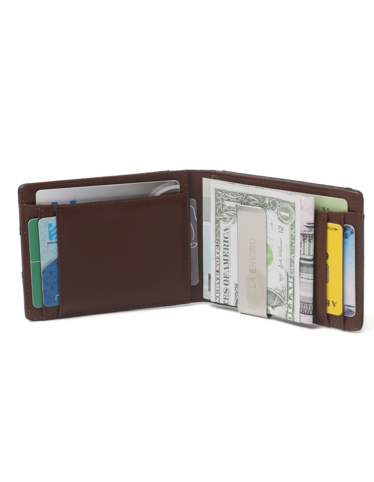 YAMBA Wallet in Black and Brown, a vegan leather bifold wallet with card slots, money clip, and coin pocket.