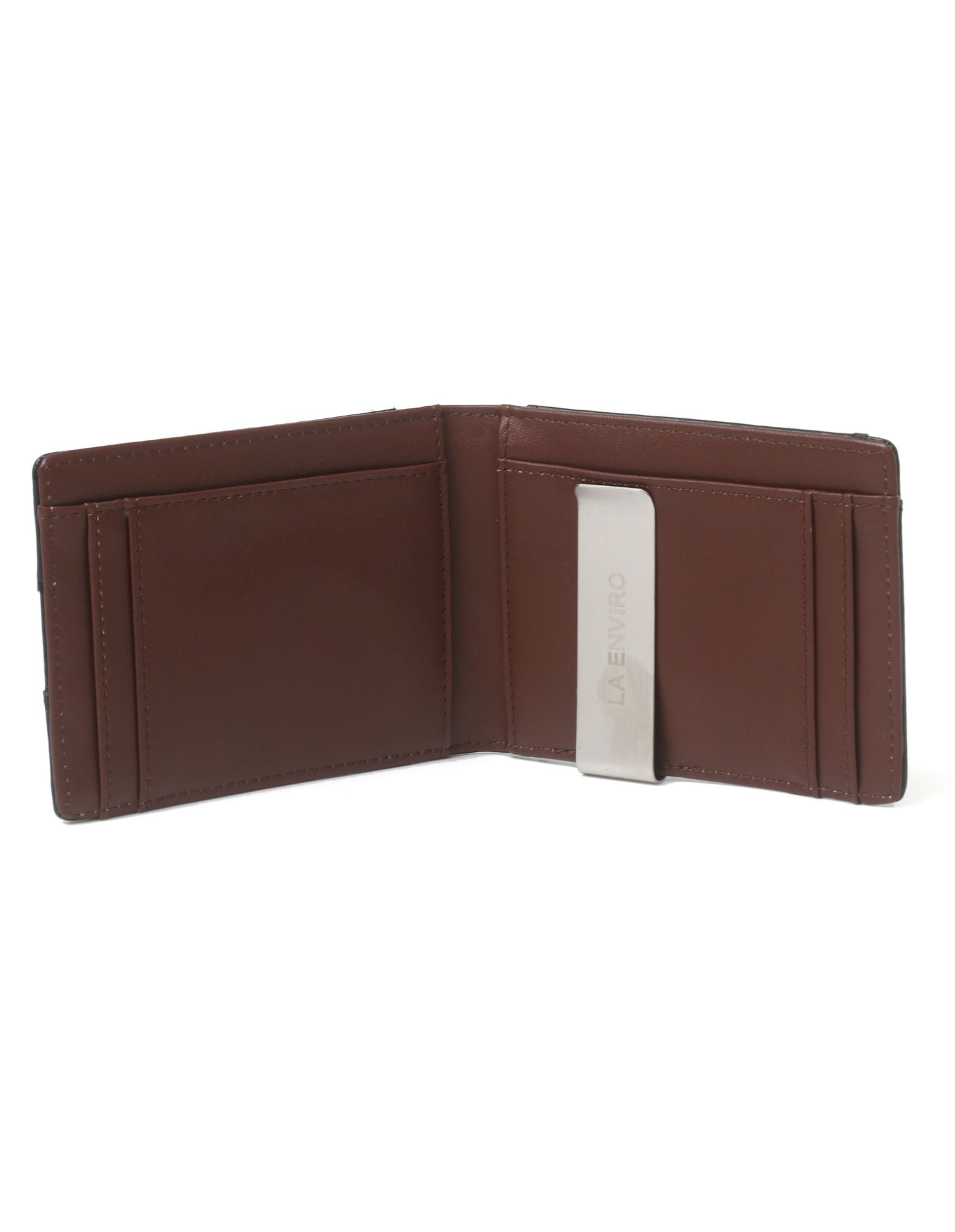 YAMBA Wallet in Black and Brown, a vegan leather bifold wallet with card slots, money clip, and coin pocket.