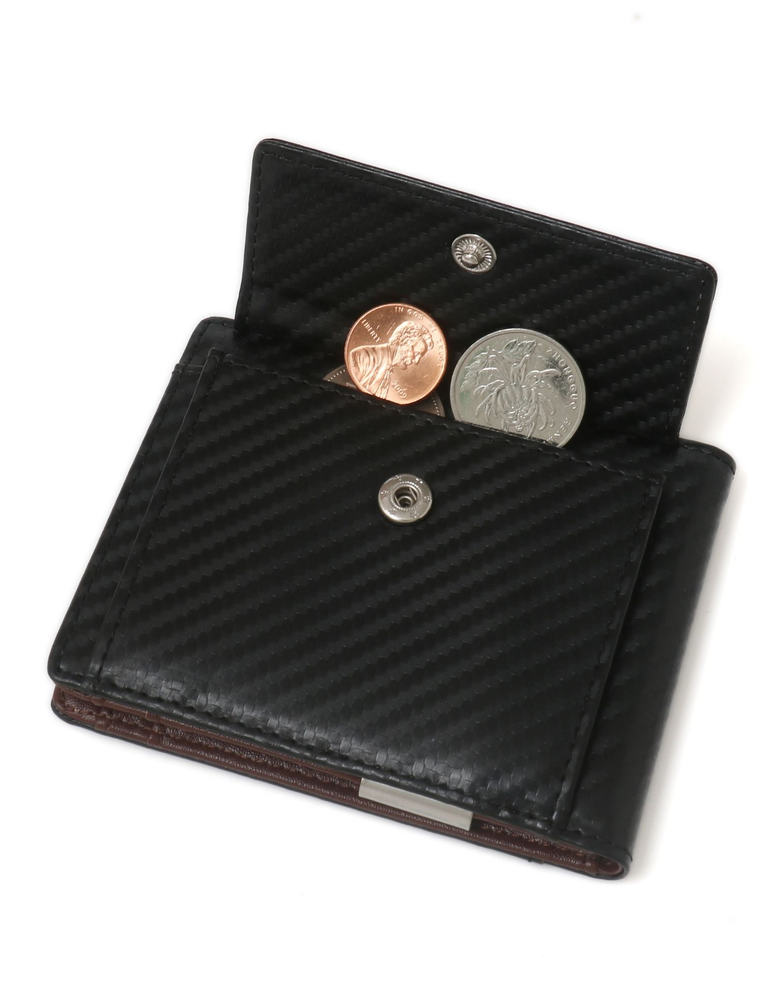 YAMBA Wallet in Black and Brown, a vegan leather bifold wallet with card slots, money clip, and coin pocket.