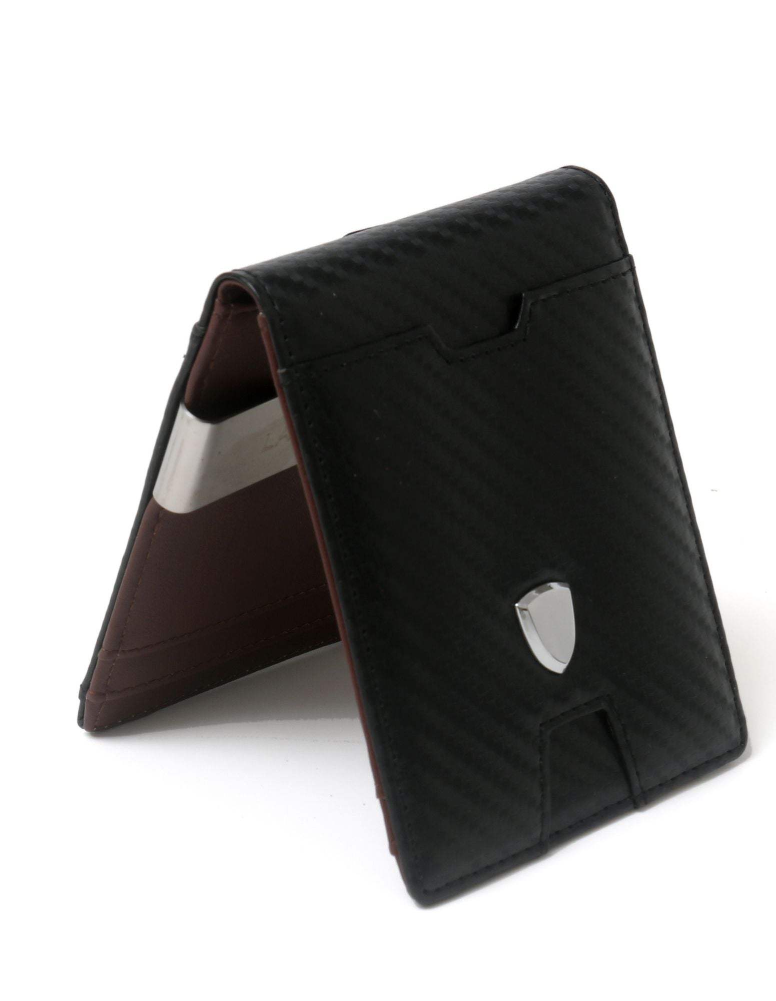 YAMBA Wallet in Black and Brown, a vegan leather bifold wallet with card slots, money clip, and coin pocket.