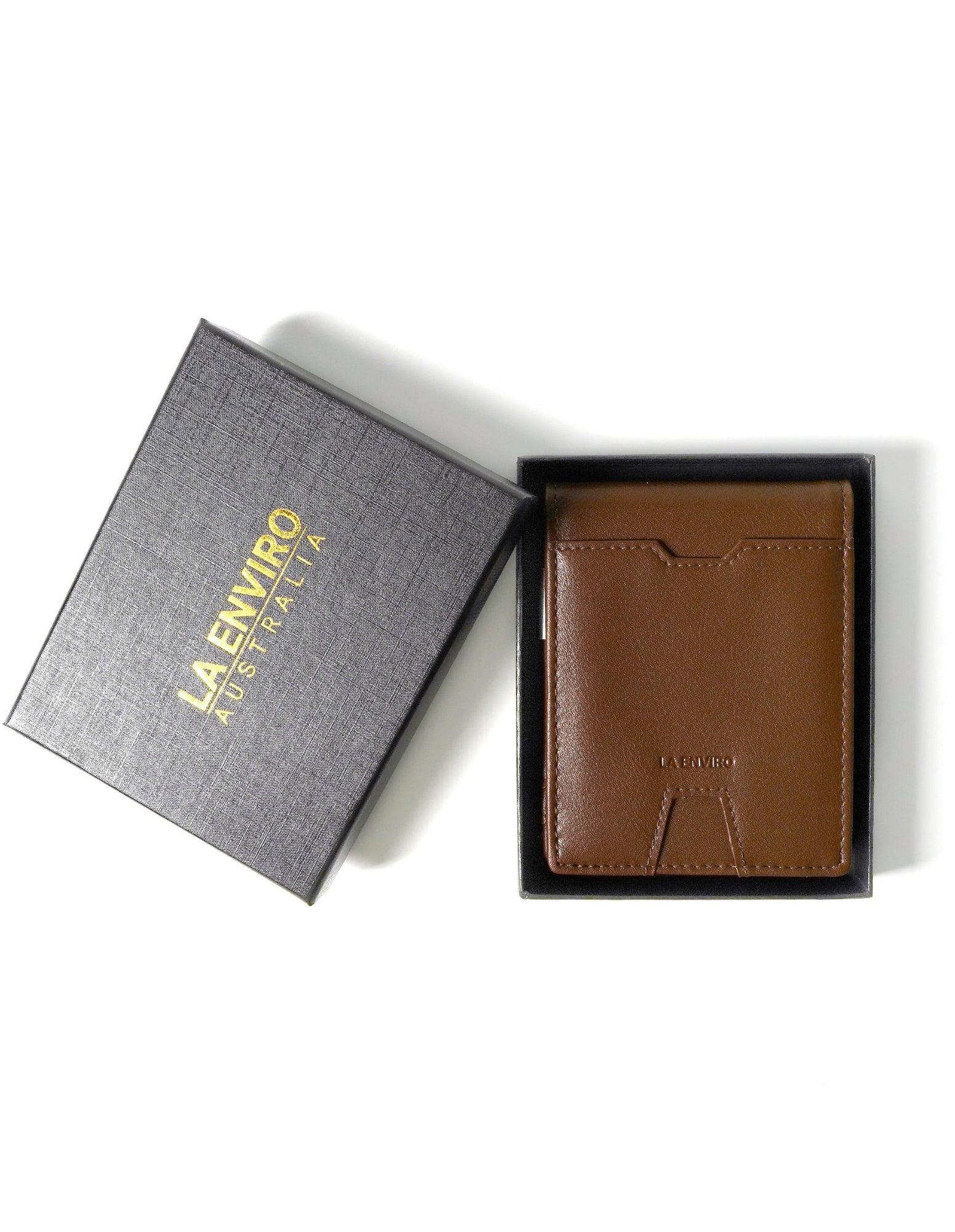 YAMBA Wallet in Brown, a vegan leather bifold wallet with a money clip and coin pocket, showcasing its sleek design and eco-friendly materials.