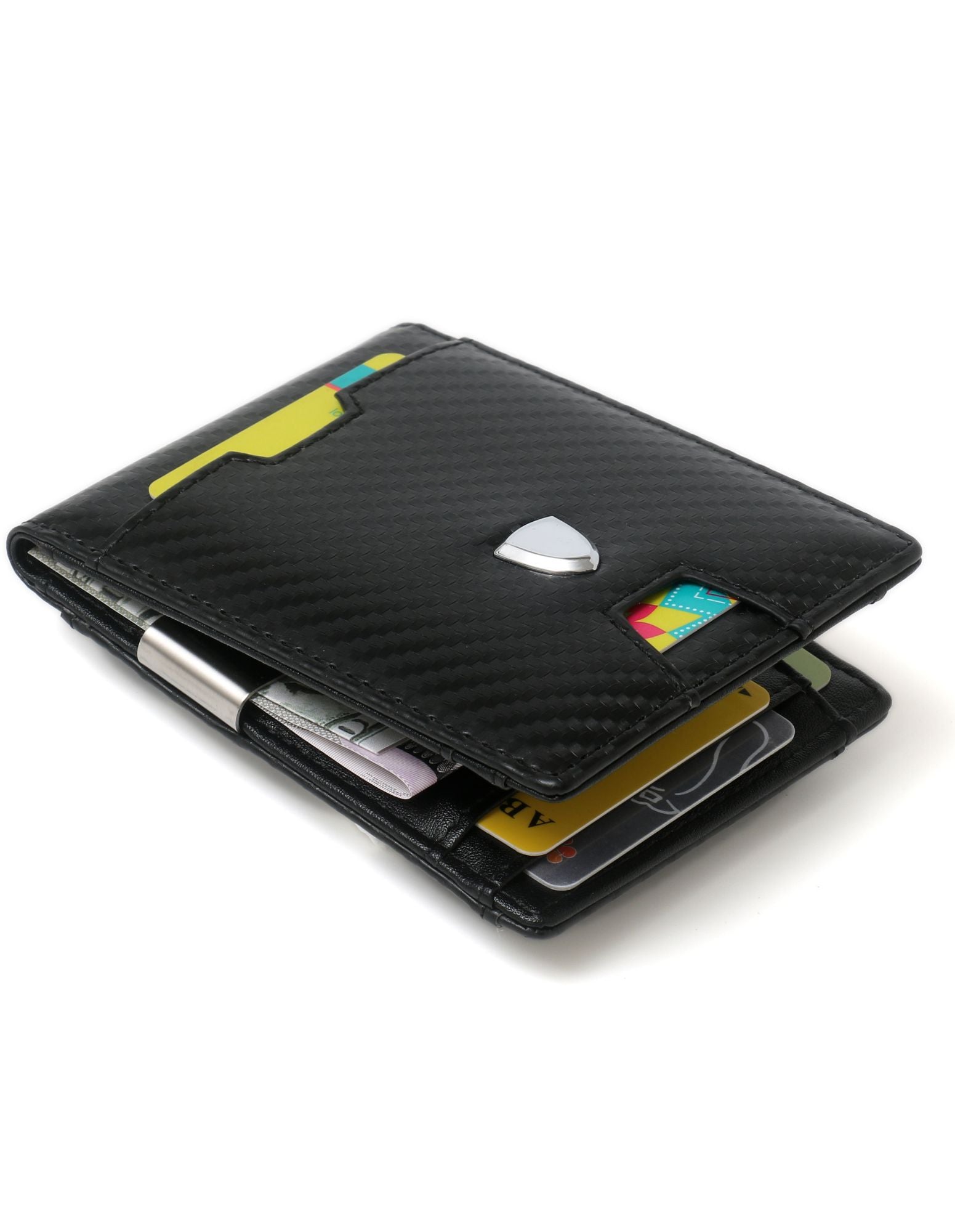 YAMBA Wallet in Carbon Black, a sleek vegan leather bifold wallet featuring a money clip and coin pocket.