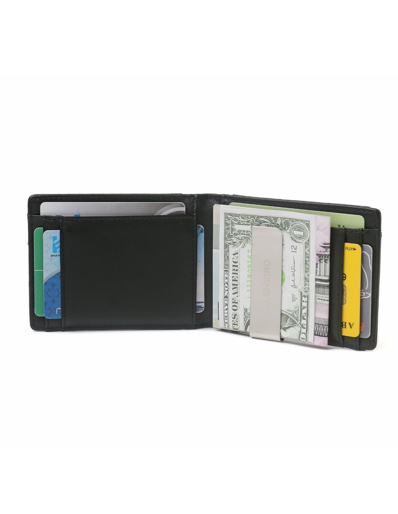 YAMBA Wallet in Carbon Black, a sleek vegan leather bifold wallet featuring a money clip and coin pocket.