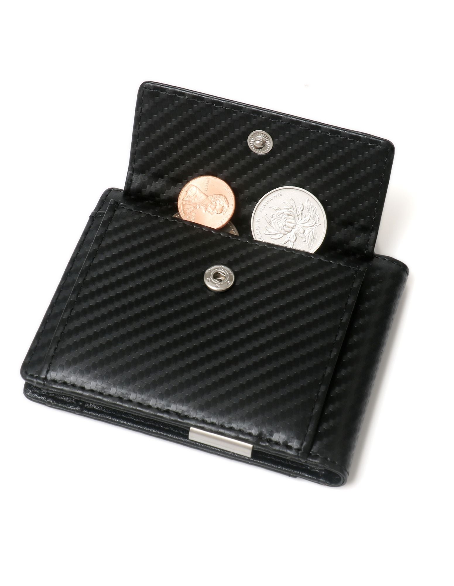 YAMBA Wallet in Carbon Black, a sleek vegan leather bifold wallet featuring a money clip and coin pocket.