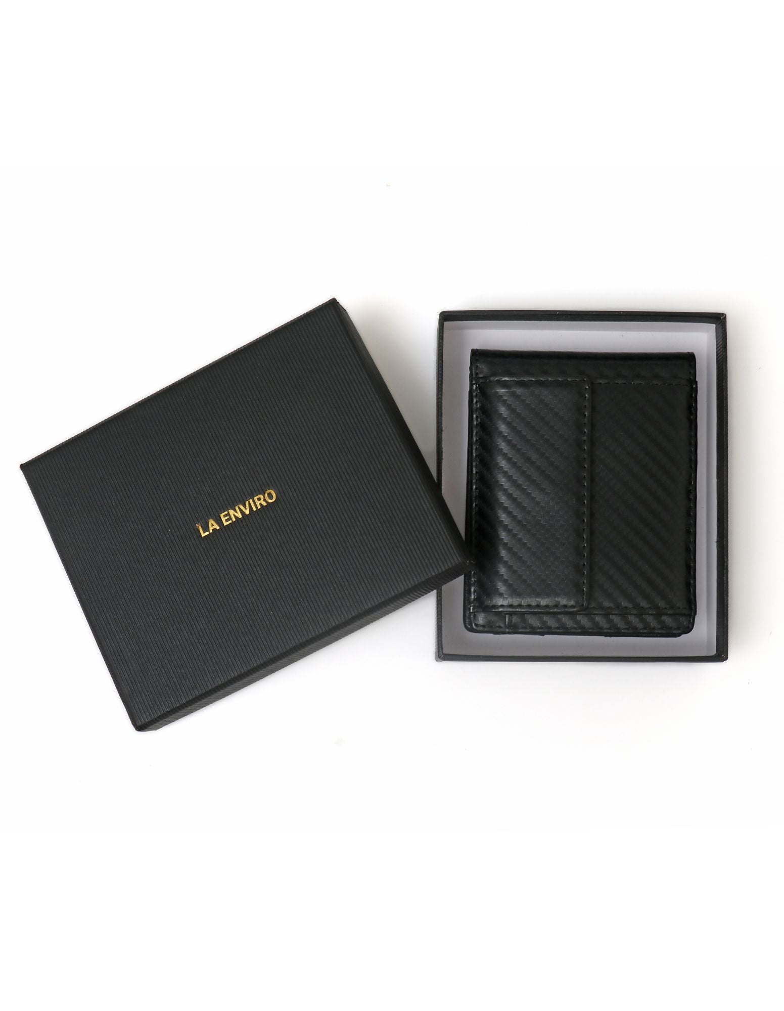 YAMBA Wallet in Carbon Black, a sleek vegan leather bifold wallet featuring a money clip and coin pocket.