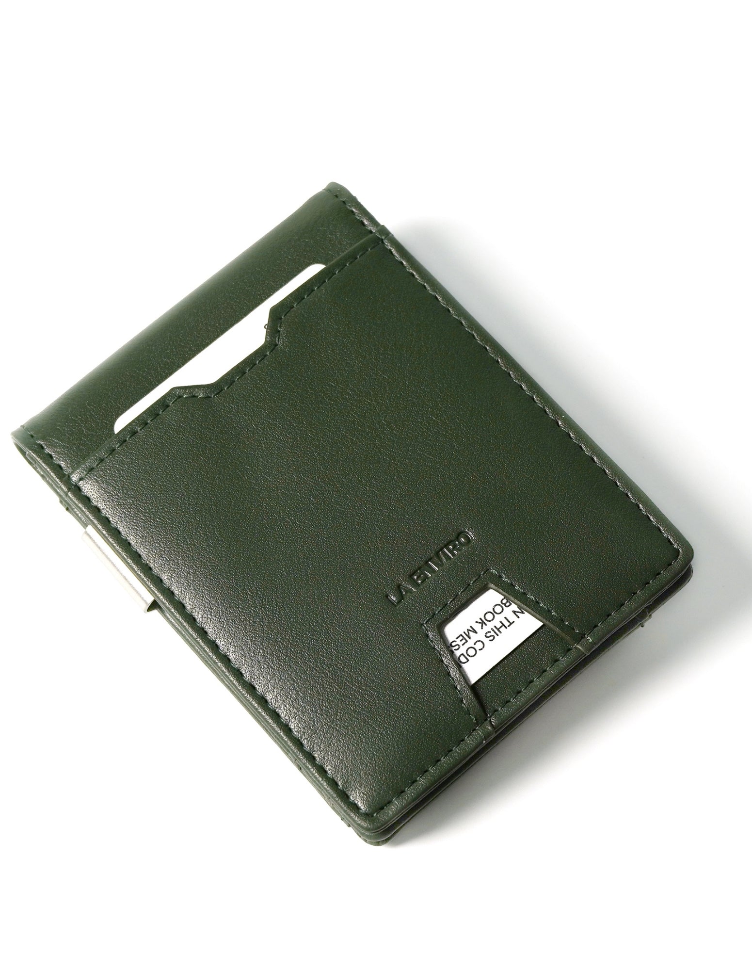 YAMBA Wallet I Green made from high-quality vegan leather, featuring a slim bifold design with a money clip and coin pocket.