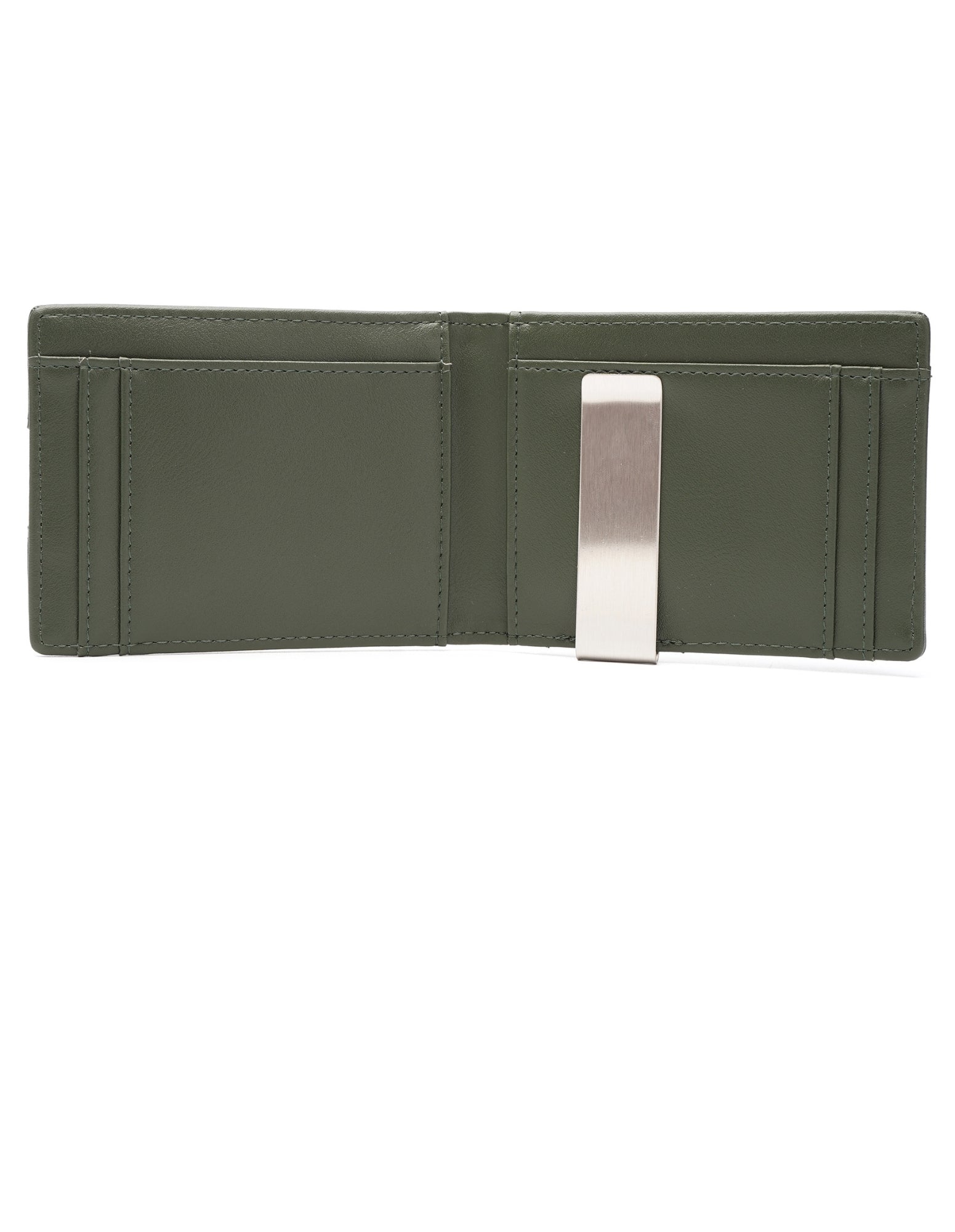 YAMBA Wallet I Green made from high-quality vegan leather, featuring a slim bifold design with a money clip and coin pocket.